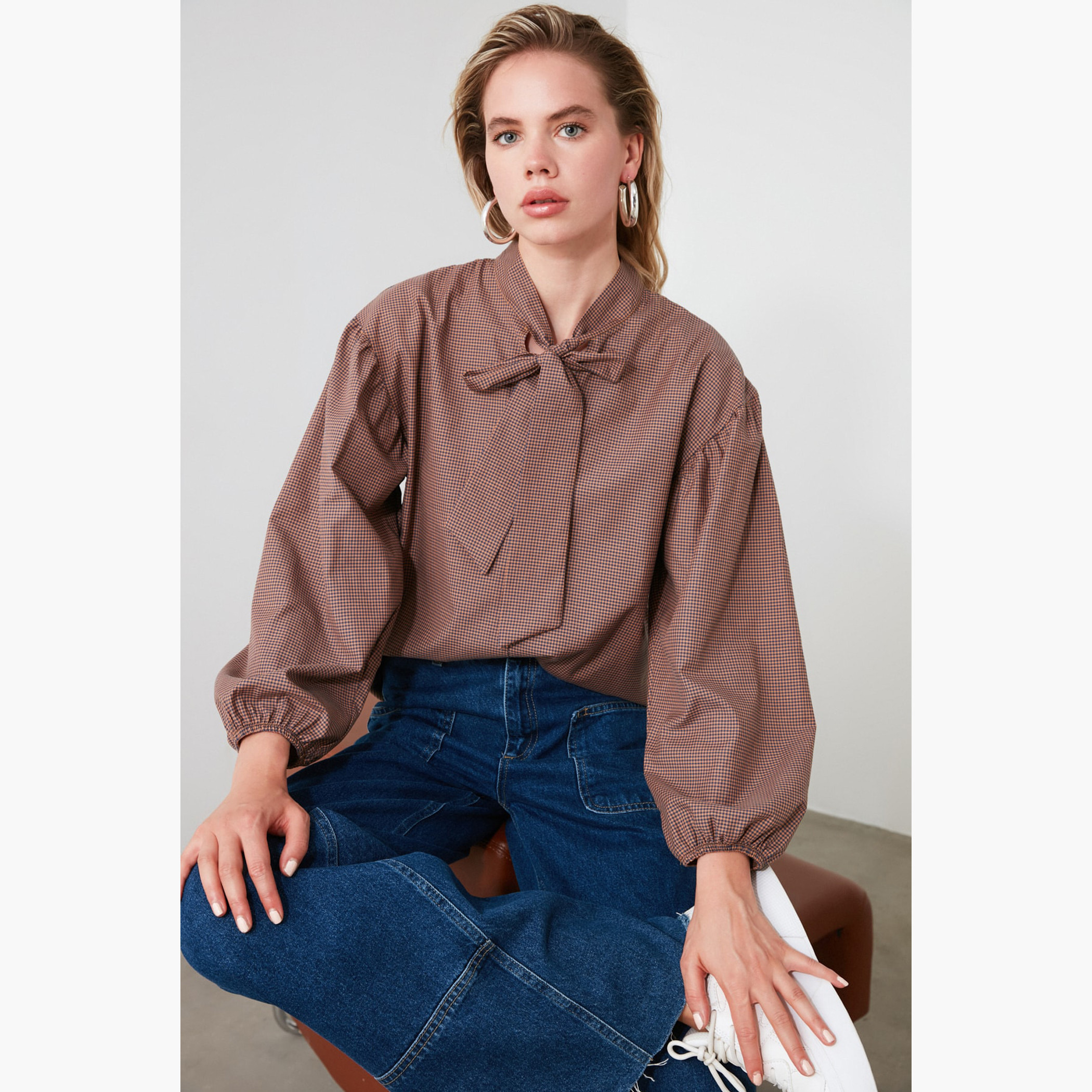 Trendyol Checked Top with Pussy Bow and Long Sleeves-women-clothing-shirtsandblouses-blouses-image-2
