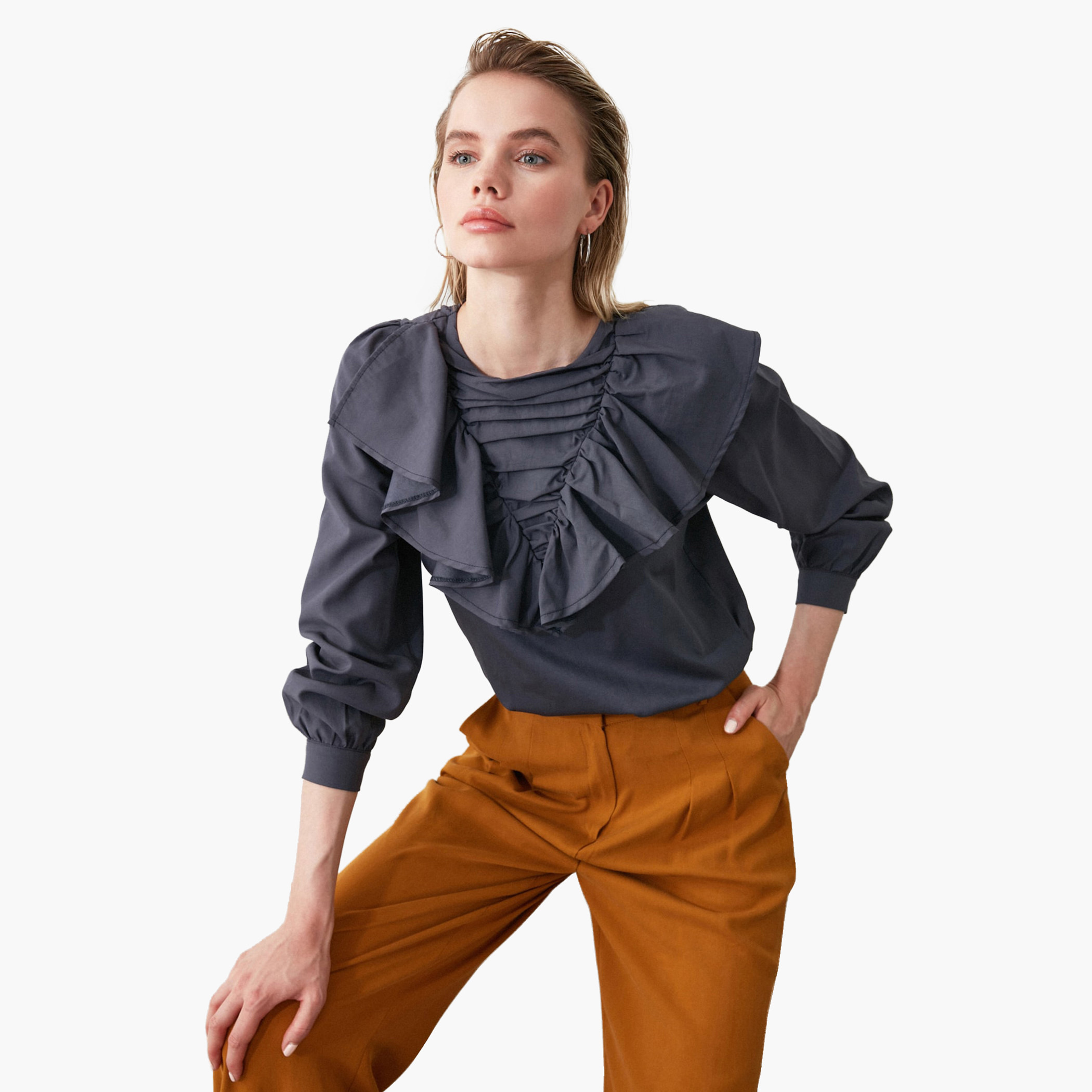 Trendyol Crew Neck Solid Top with Long Sleeves and Ruffle Detail-women-clothing-shirtsandblouses-blouses-image-2
