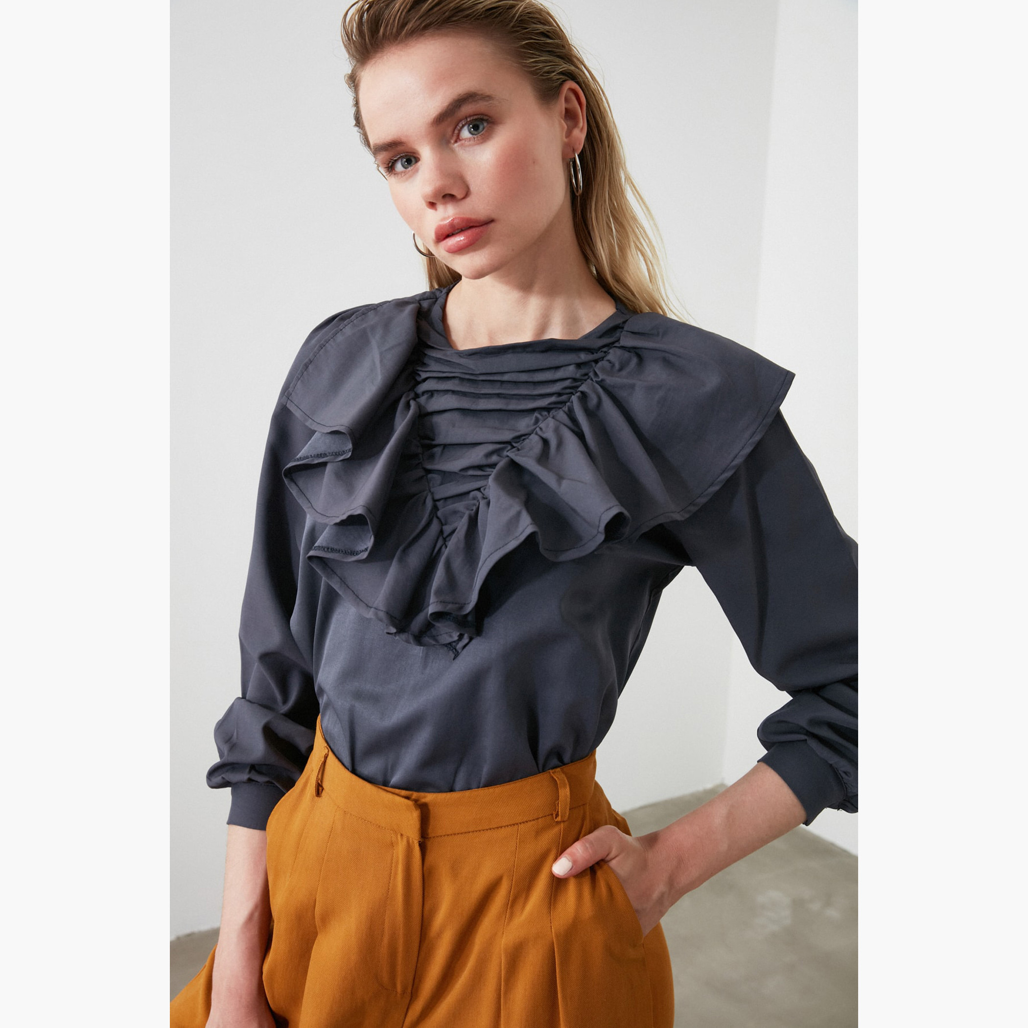 Trendyol Crew Neck Solid Top with Long Sleeves and Ruffle Detail-women-clothing-shirtsandblouses-blouses-image-1