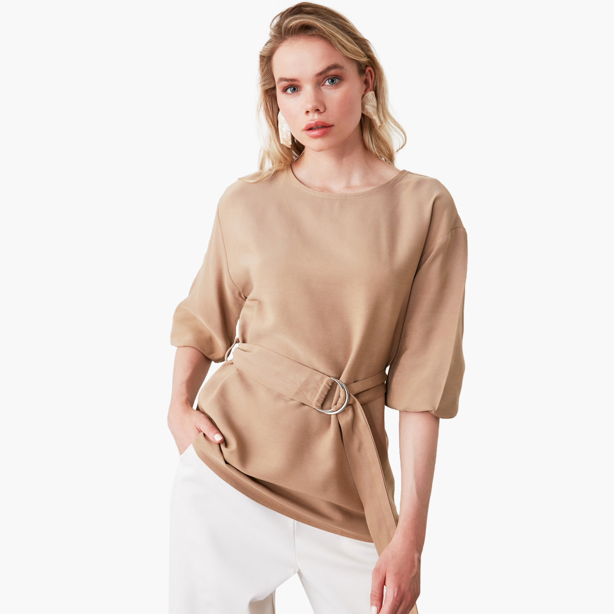 Trendyol Solid Round Neck Top with 3/4 Sleeves and Belt-women-clothing-shirtsandblouses-blouses-image-1