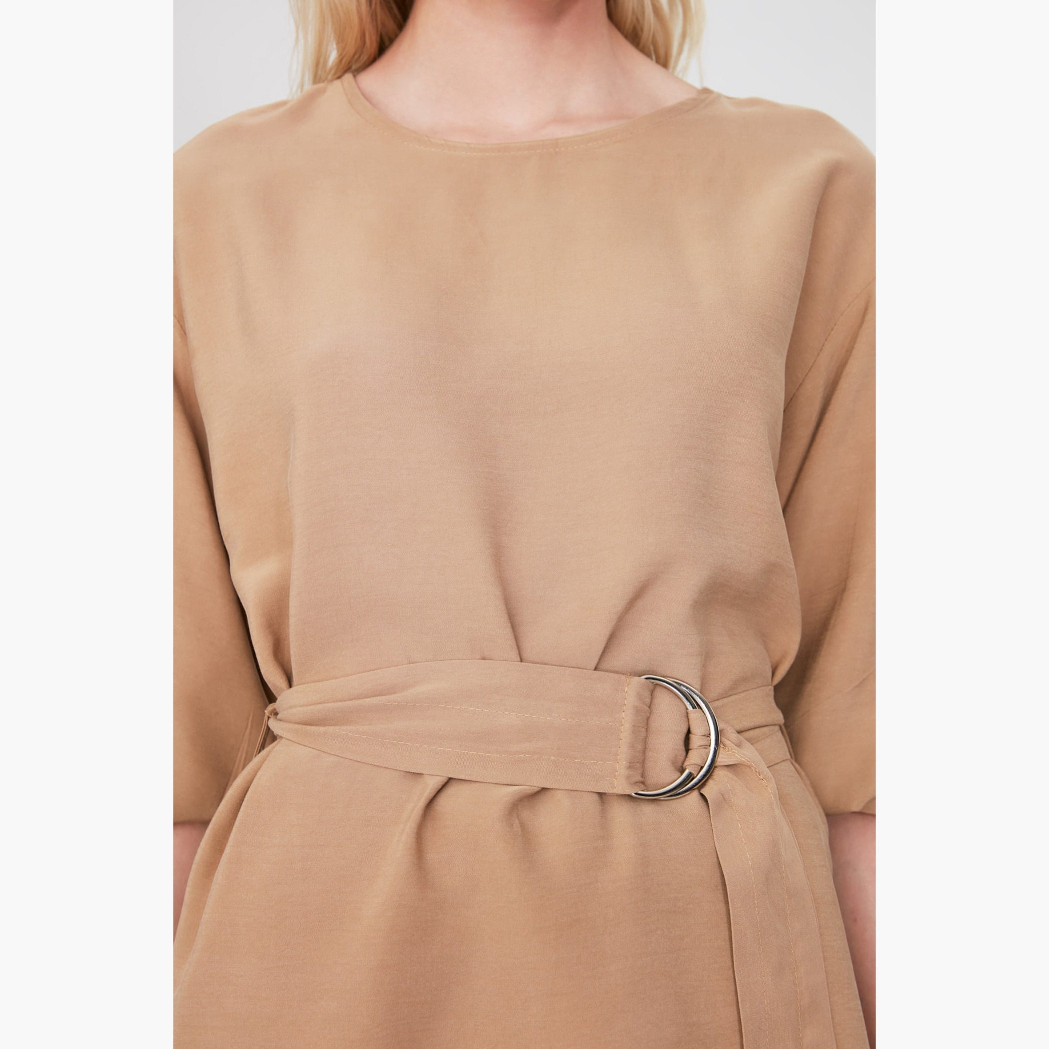 Trendyol Solid Round Neck Top with 3/4 Sleeves and Belt-women-clothing-shirtsandblouses-blouses-image-2