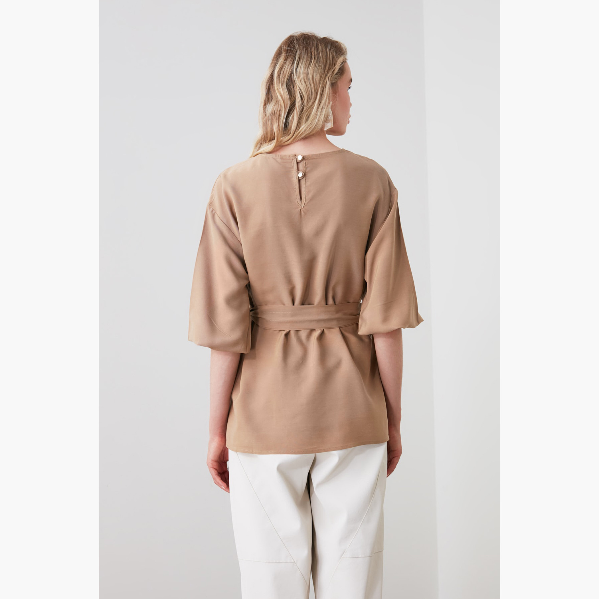 Trendyol Solid Round Neck Top with 3/4 Sleeves and Belt-women-clothing-shirtsandblouses-blouses-image-4