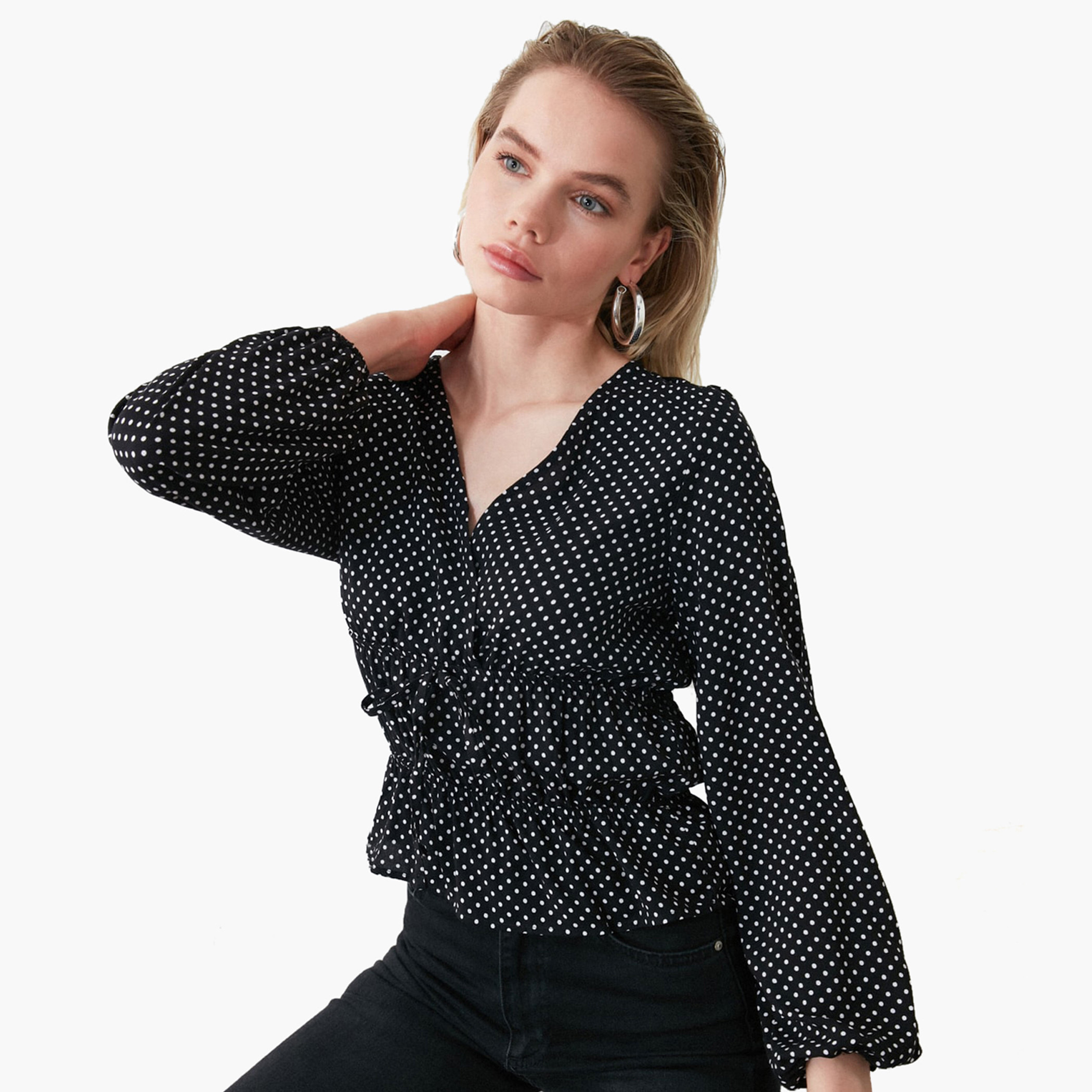 Trendyol Polka Dot V-neck Peplum Top with Long Sleeves-women-clothing-shirtsandblouses-blouses-image-1