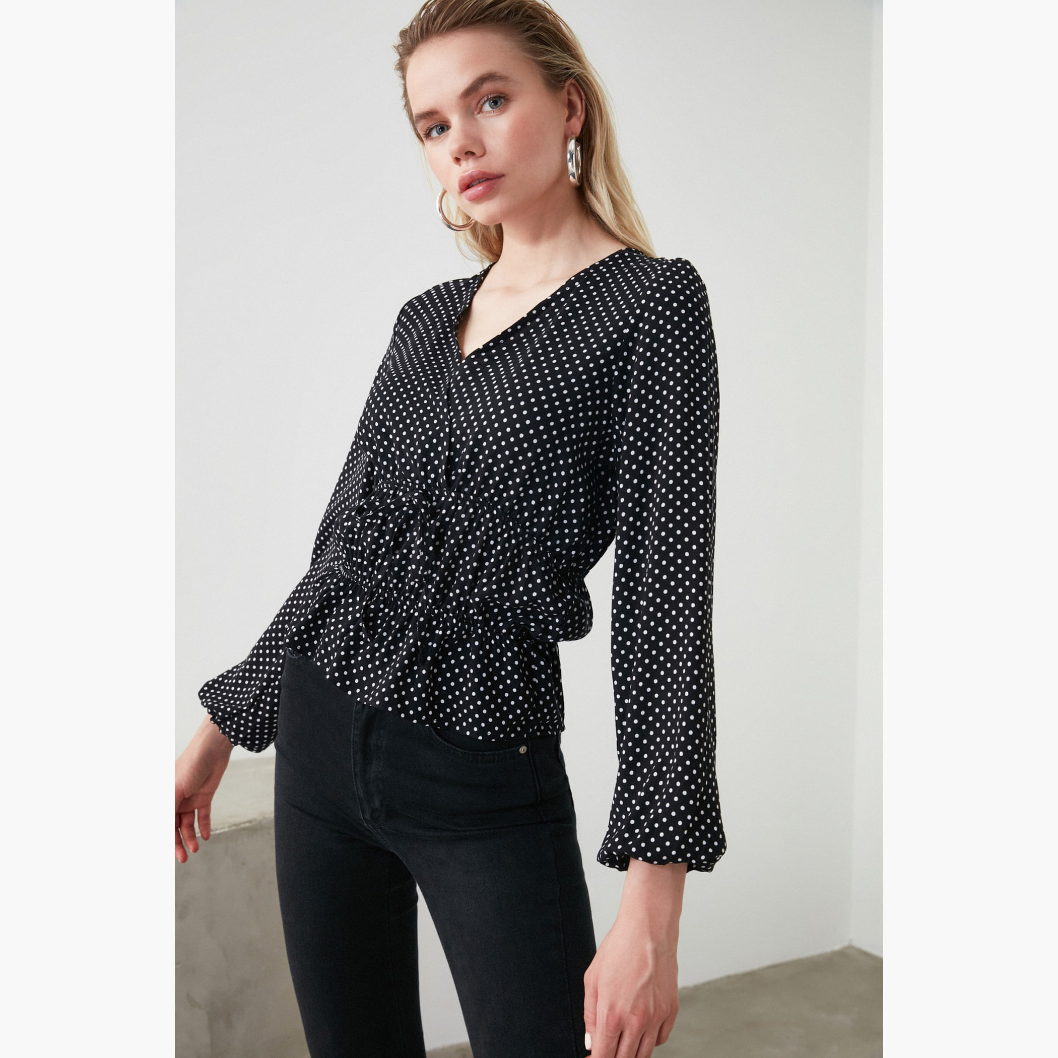 Trendyol Polka Dot V-neck Peplum Top with Long Sleeves-women-clothing-shirtsandblouses-blouses-image-2