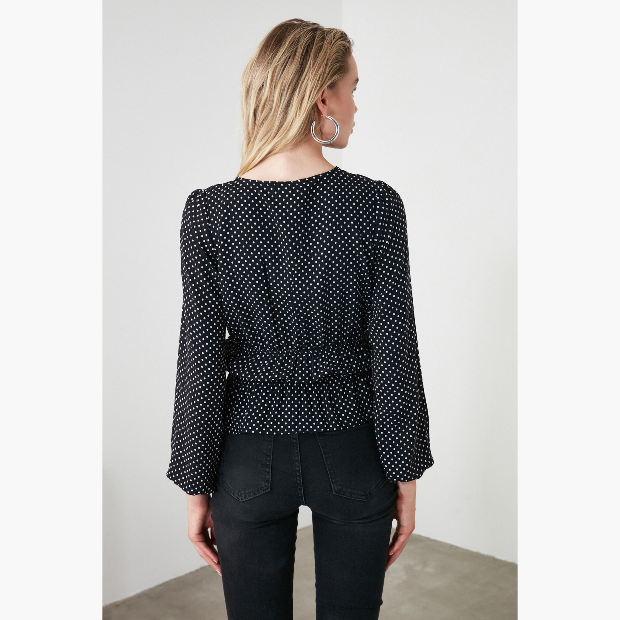Trendyol Polka Dot V-neck Peplum Top with Long Sleeves-women-clothing-shirtsandblouses-blouses-image-4