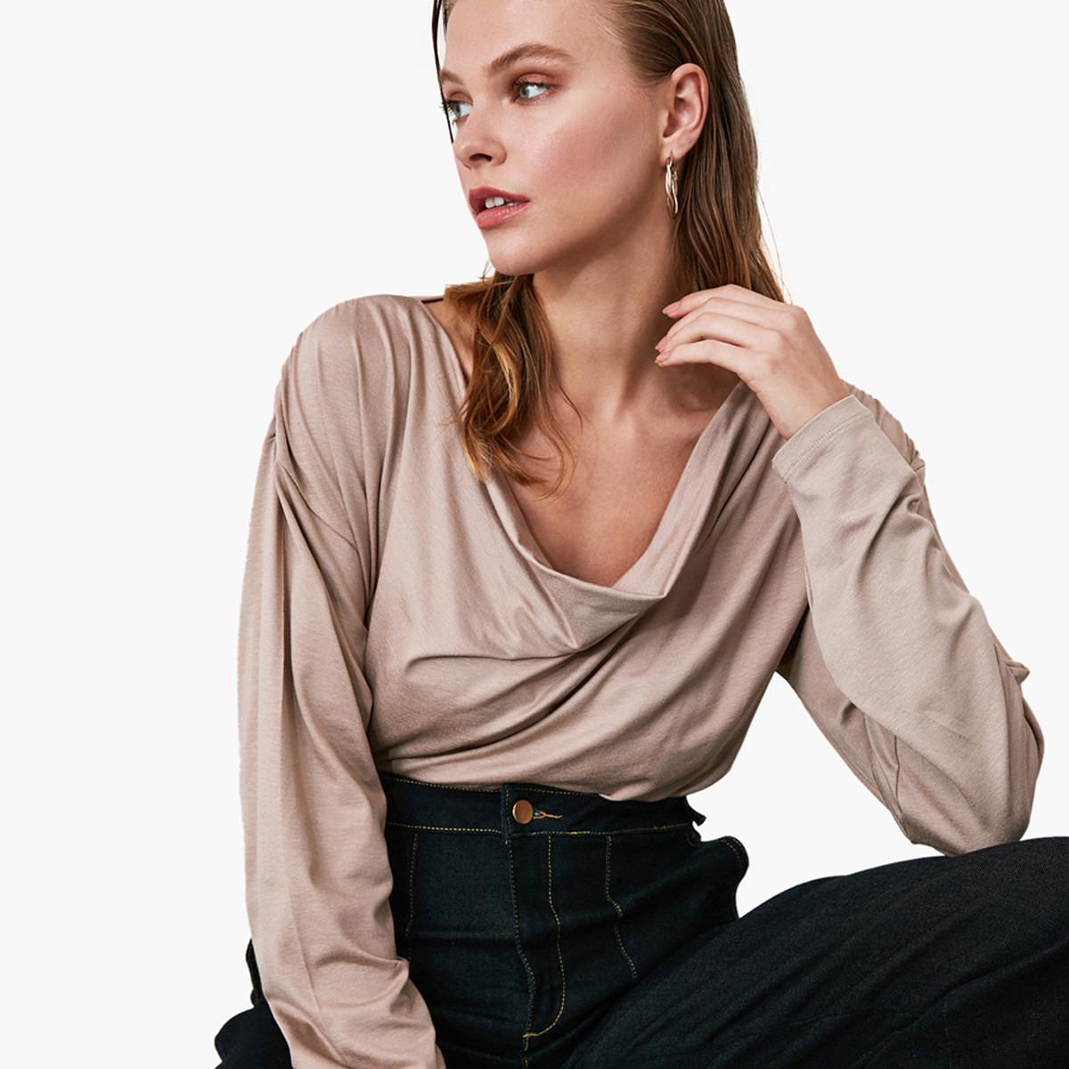 Trendyol Solid Cowl Neck Top with Long Sleeves-women-clothing-shirtsandblouses-blouses-image-2