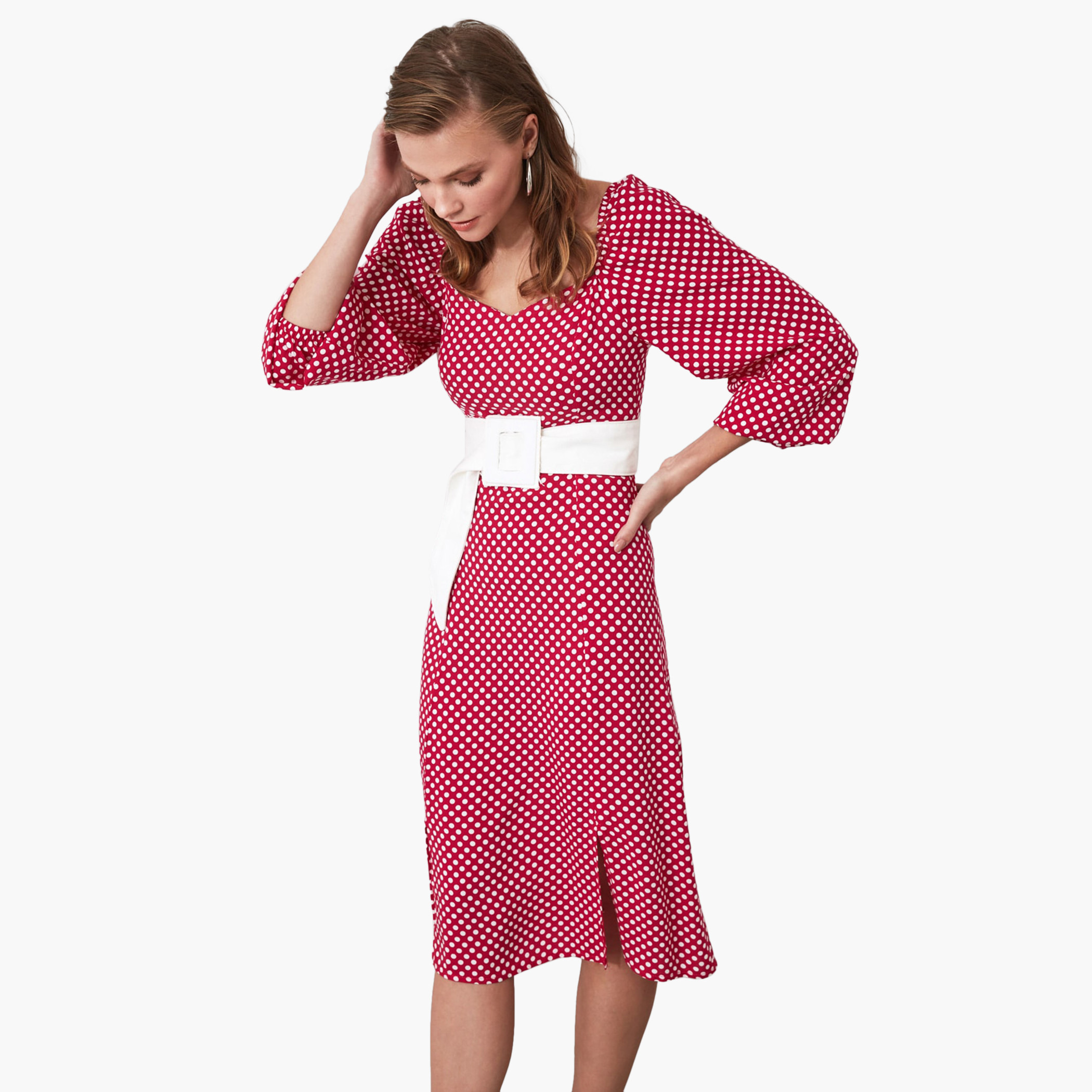 Polka Dot Print Diamond Neck Midi Dress with Belt-women-clothing-dresses-image-1