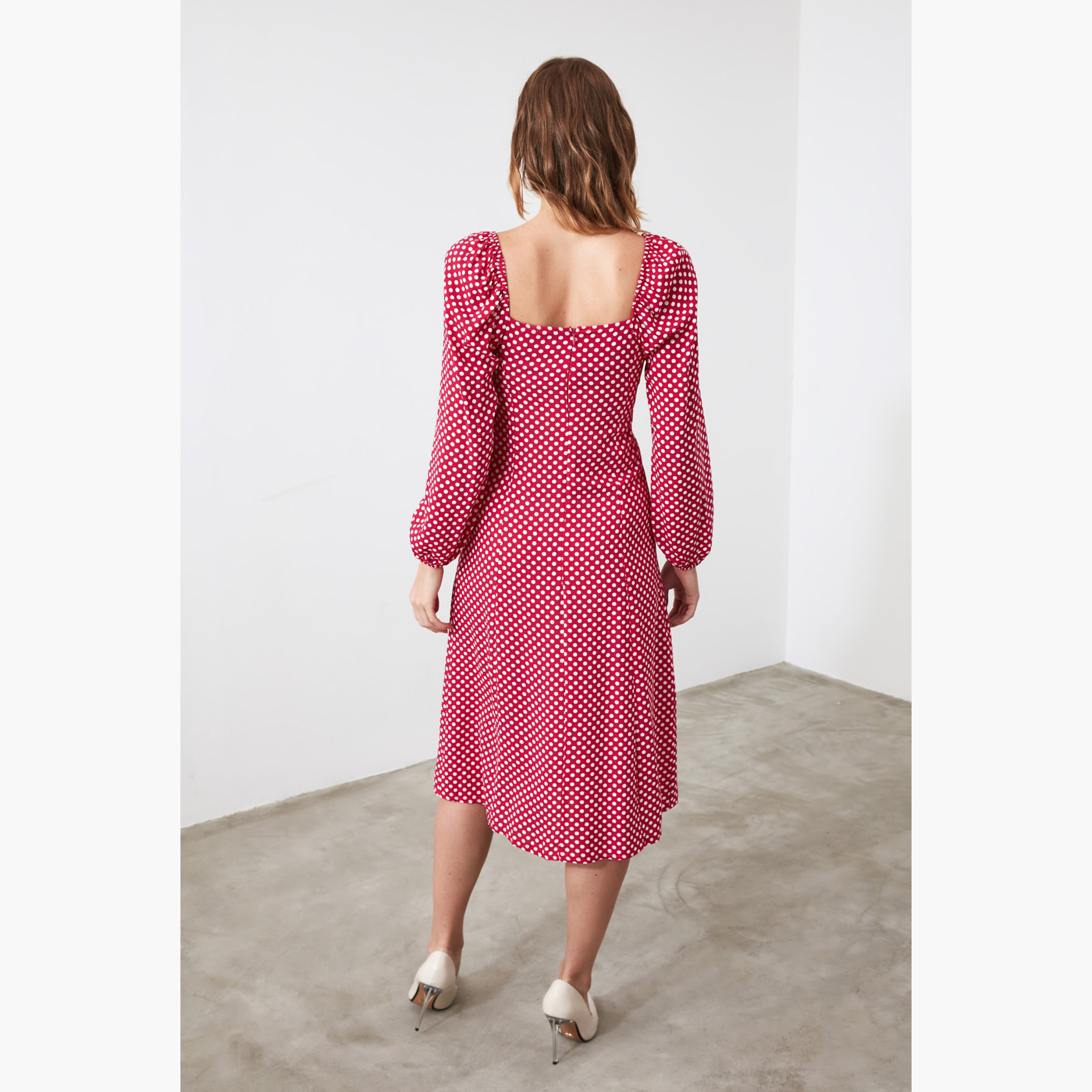 Polka Dot Print Diamond Neck Midi Dress with Belt-women-clothing-dresses-image-6