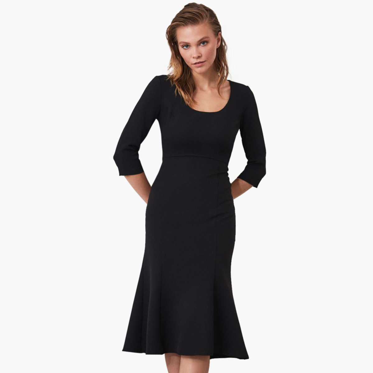 Trendyol Solid Round Neck Midi Bodycon Dress with 3/4 Sleeves-women-clothing-dresses-image-1