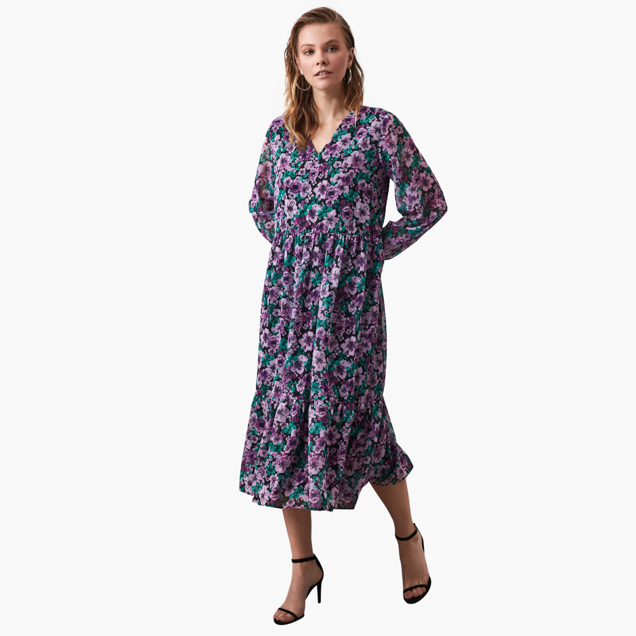 Trendyol Floral Print V-neck Midi A-line Dress with Long Sleeves-women-clothing-dresses-image-1