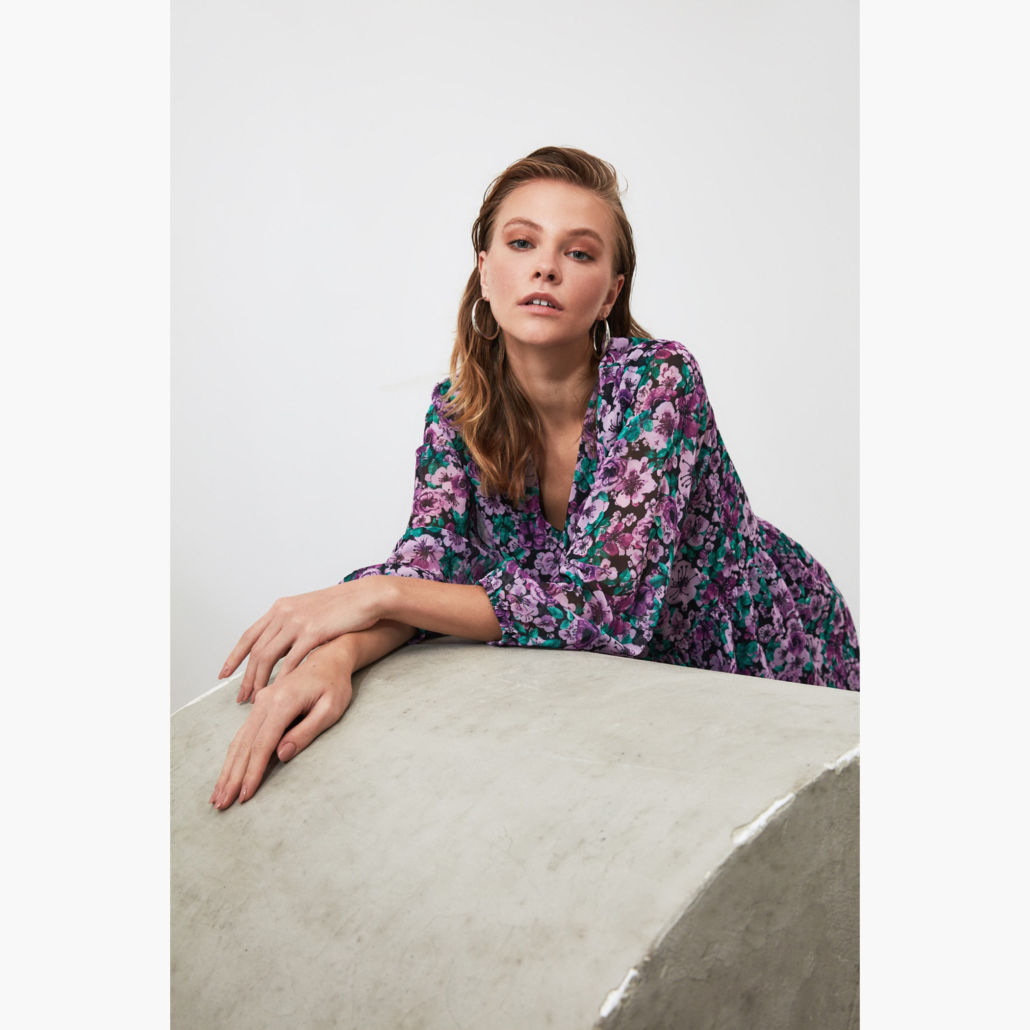 Trendyol Floral Print V-neck Midi A-line Dress with Long Sleeves-women-clothing-dresses-image-2