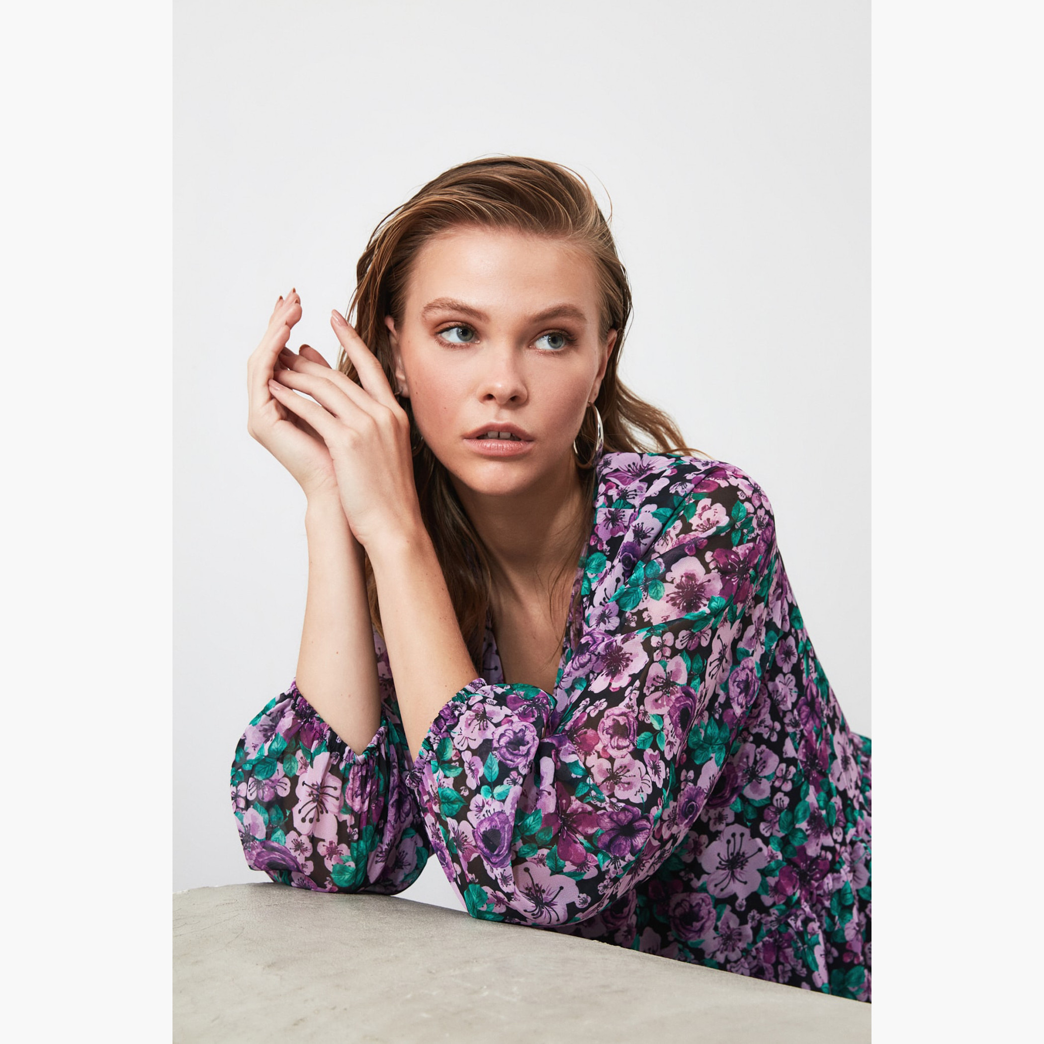 Trendyol Floral Print V-neck Midi A-line Dress with Long Sleeves-women-clothing-dresses-image-4