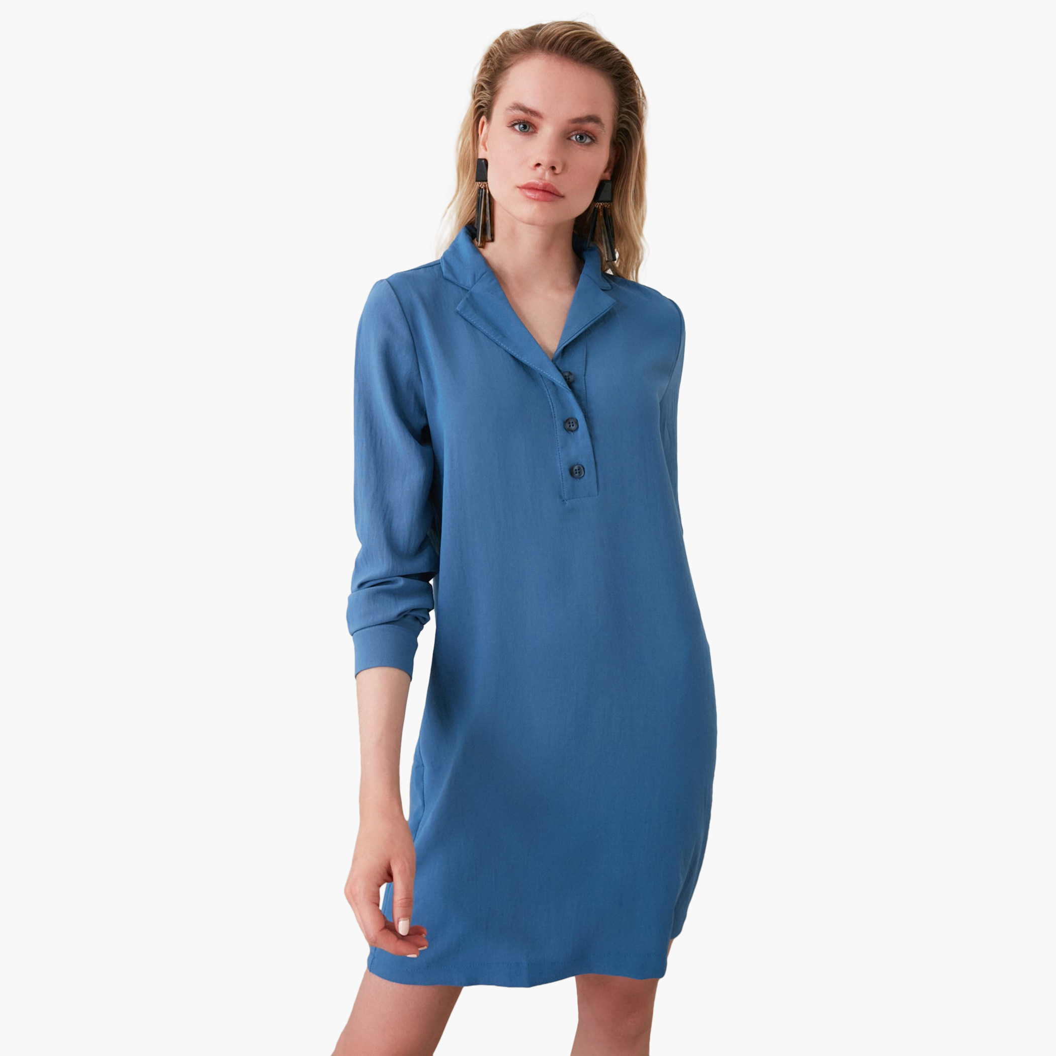 Trendyol Solid Mini Shift Dress with Long Sleeves and Notched Lapels-women-clothing-dresses-image-1