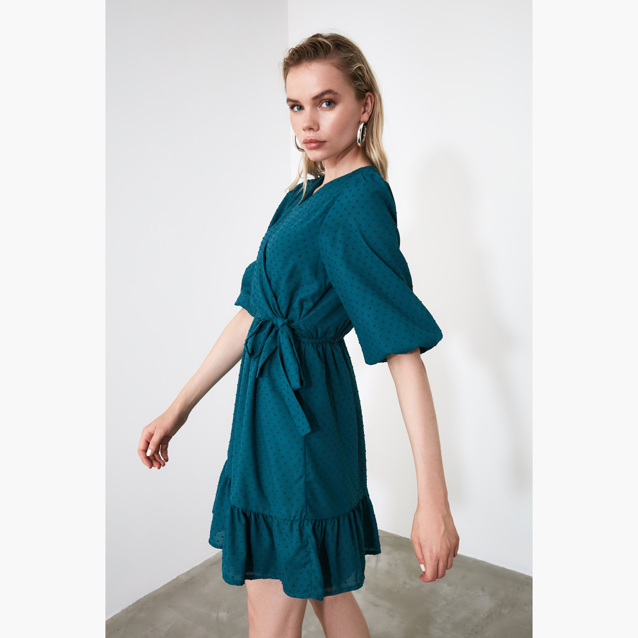 Trendyol Textured Mini Wrap Dress with Surplice Neck and 3/4 Sleeves-women-clothing-dresses-image-1