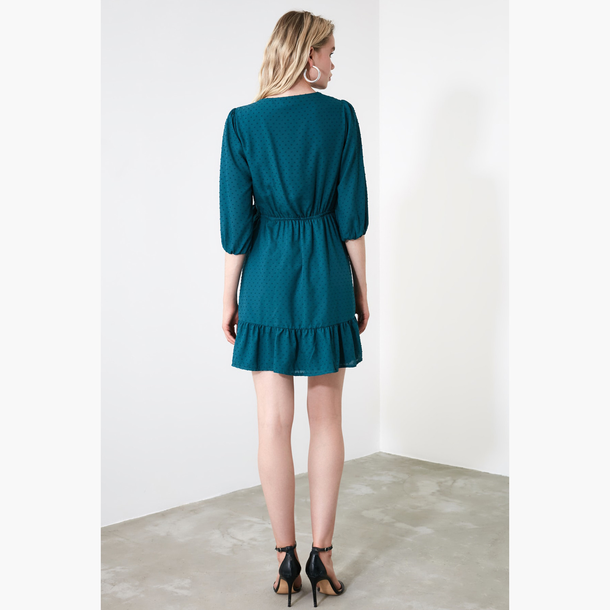 Trendyol Textured Mini Wrap Dress with Surplice Neck and 3/4 Sleeves-women-clothing-dresses-image-3