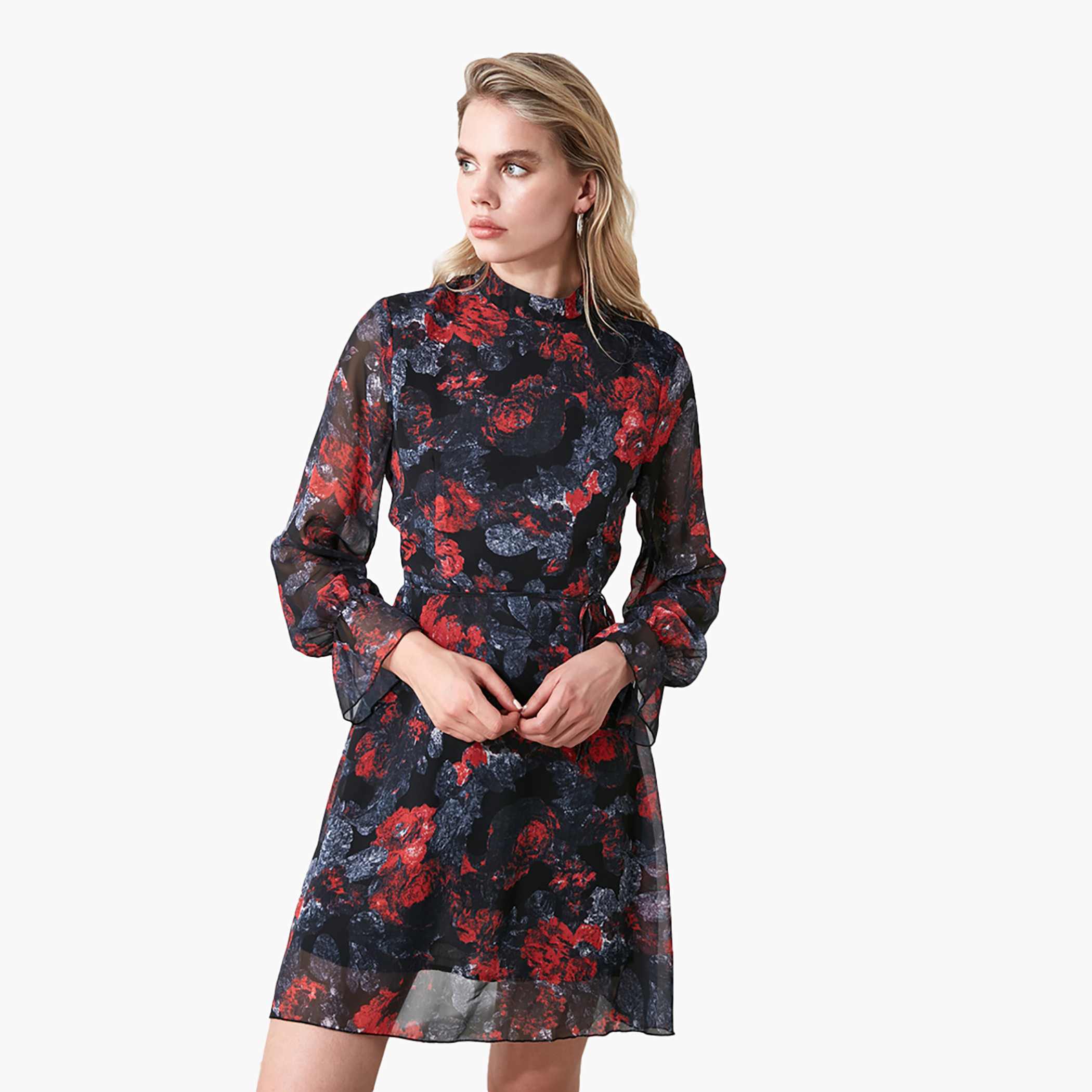 فستان إيه لاين قصير بياقة عالية وأكمام طويلة وطبعات زهرية من ترينديول-women-clothing-dresses-image-1