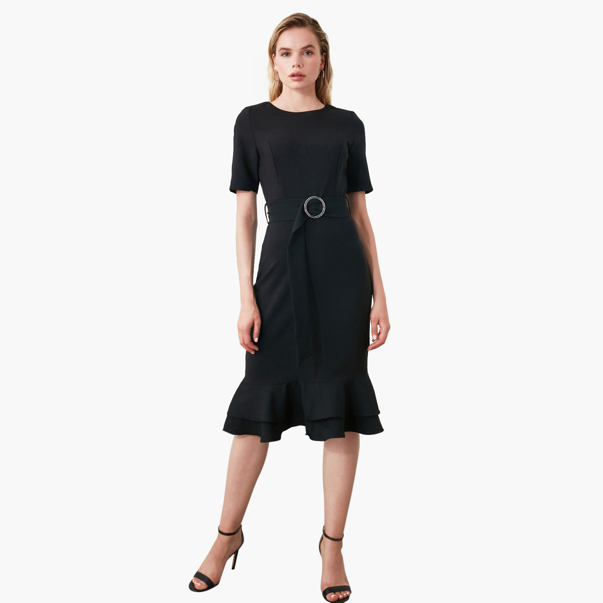 فستان ميدي سادة بحزام وياقة مستديرة وأكمام قصيرة من ترينديول-women-clothing-dresses-image-2