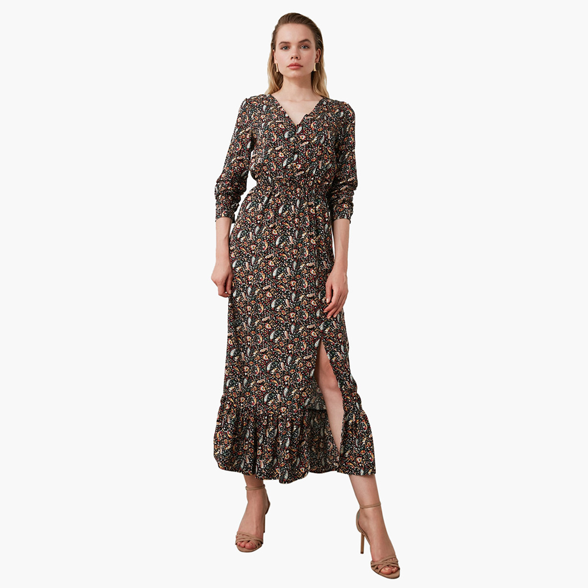 Trendyol Printed Midi A-line Dress with Long Sleeves and Slit Detail-women-clothing-dresses-image-1