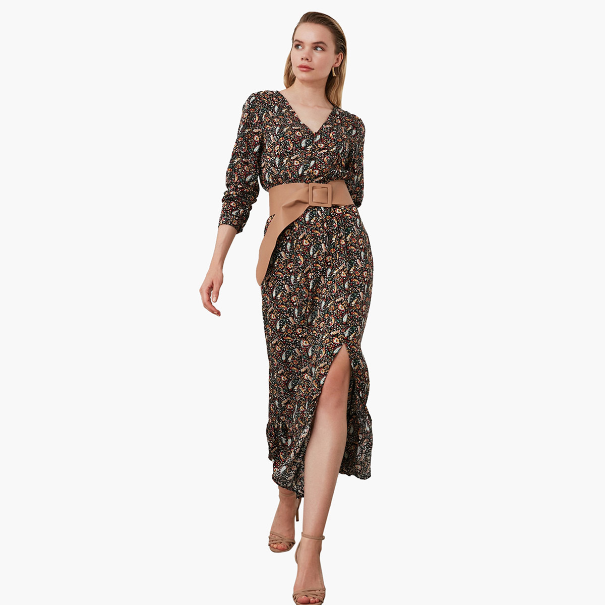 Trendyol Printed Midi A-line Dress with Long Sleeves and Slit Detail-women-clothing-dresses-image-2