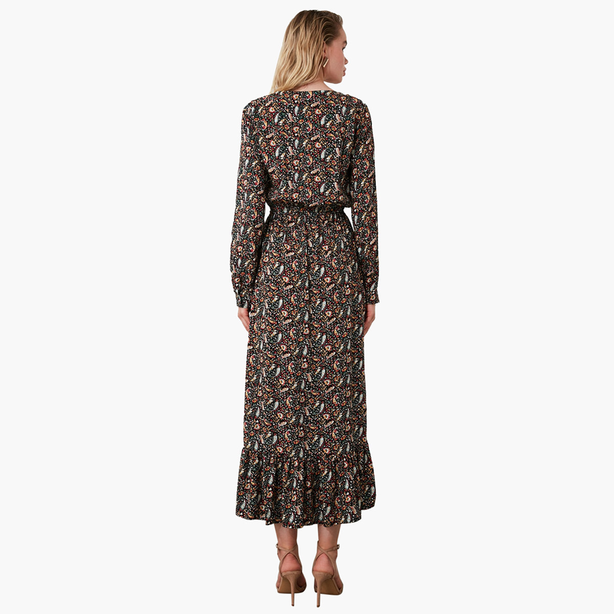 Trendyol Printed Midi A-line Dress with Long Sleeves and Slit Detail-women-clothing-dresses-image-3
