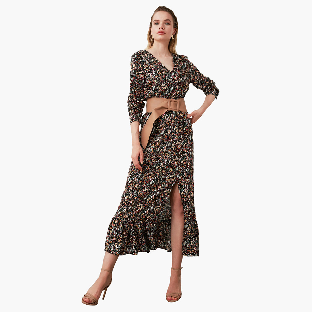 فستان ميدي إيه لاين بطبعات وأكمام طويلة وتفاصيل فتحة من ترينديول-women-clothing-dresses-image-4