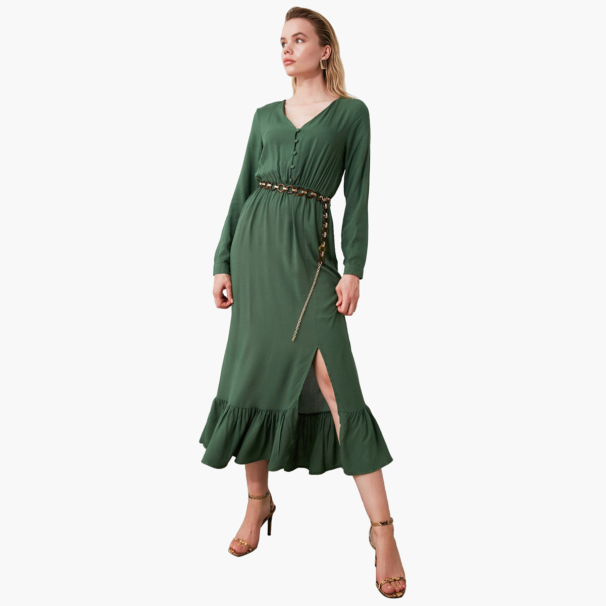 فستان إيه لاين ميدي بكشكشة وتفاصيل فتحة من ترينديول-women-clothing-dresses-image-1