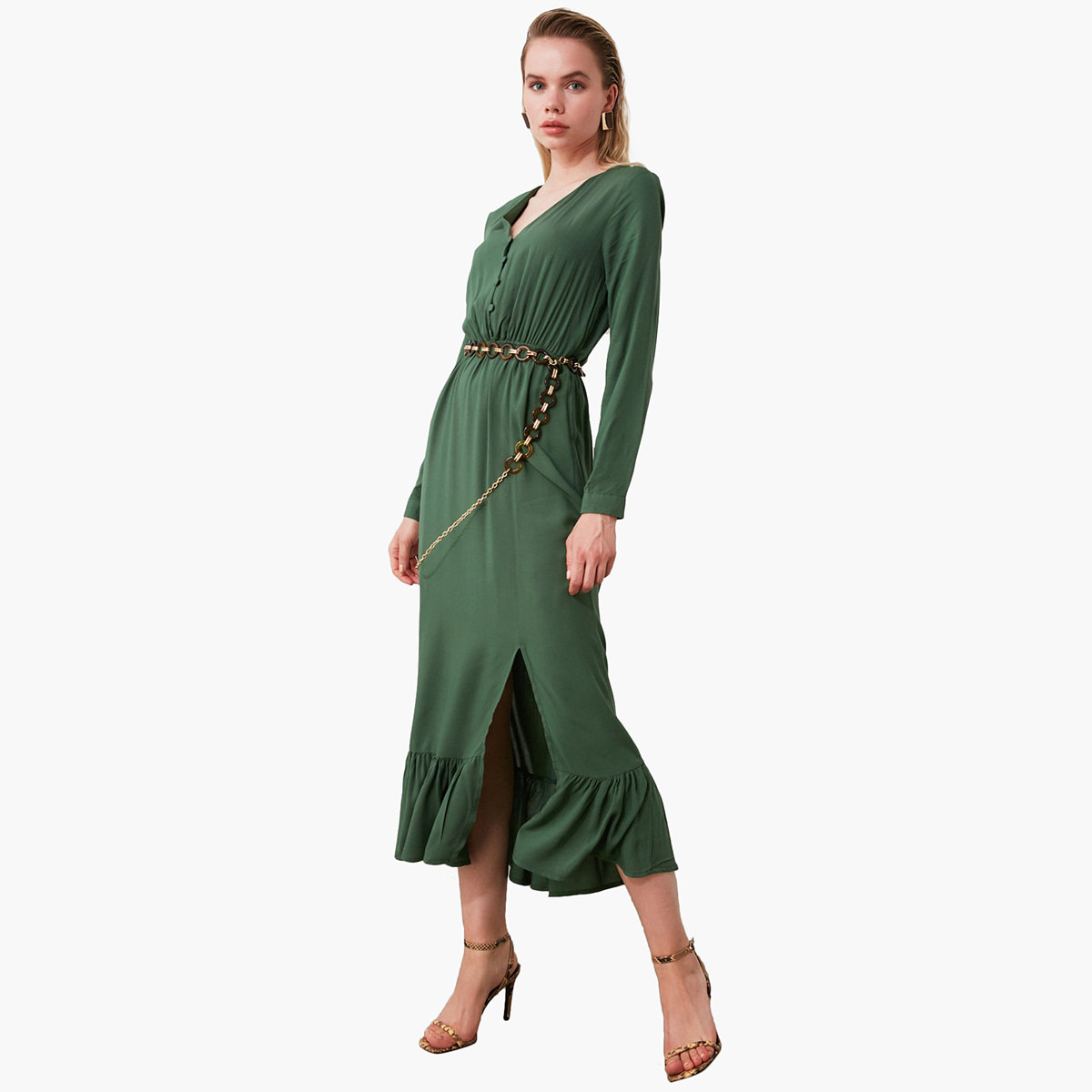 فستان إيه لاين ميدي بكشكشة وتفاصيل فتحة من ترينديول-women-clothing-dresses-image-2