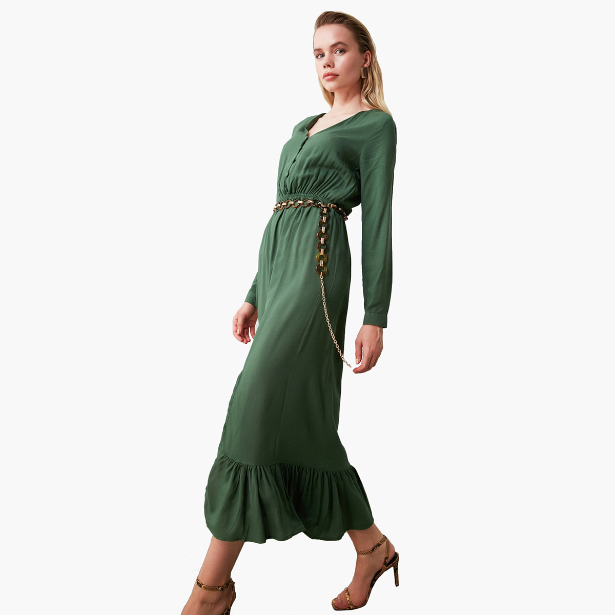 فستان إيه لاين ميدي بكشكشة وتفاصيل فتحة من ترينديول-women-clothing-dresses-image-3