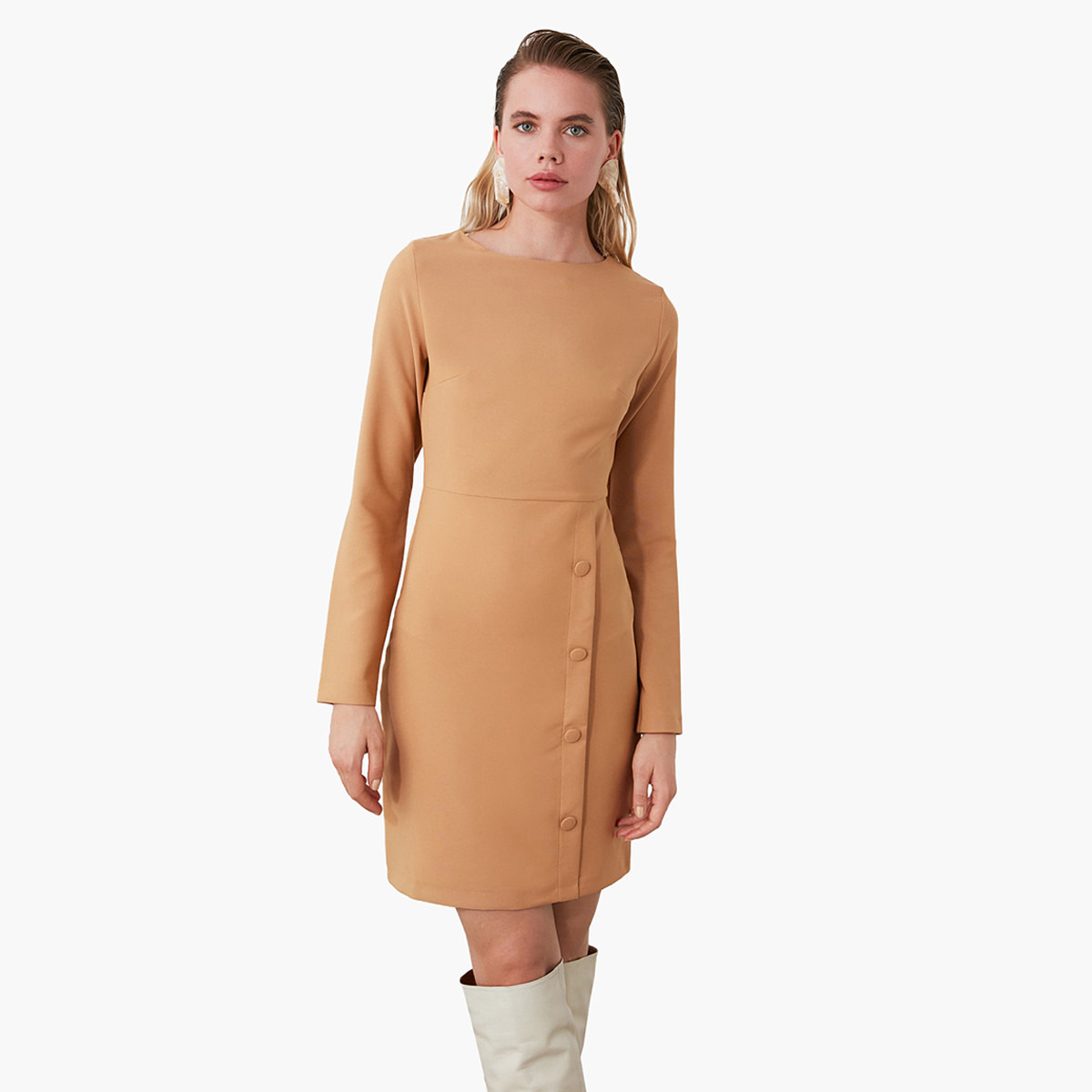 Trendyol Solid Mini Shift Dress with Long Sleeves and Boat Neck-women-clothing-dresses-image-1
