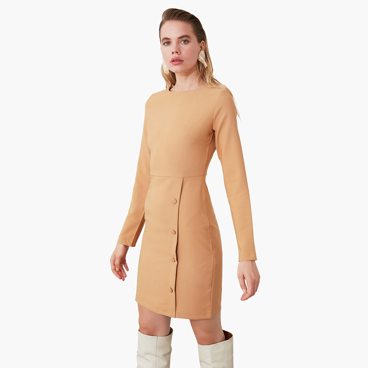 Trendyol Solid Mini Shift Dress with Long Sleeves and Boat Neck-women-clothing-dresses-image-2