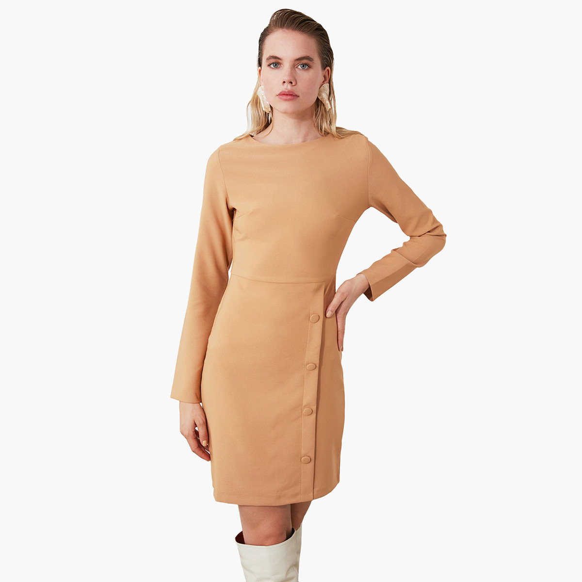 Trendyol Solid Mini Shift Dress with Long Sleeves and Boat Neck-women-clothing-dresses-image-3