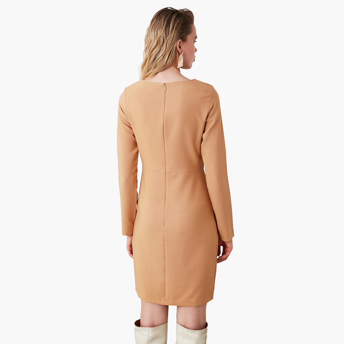 Trendyol Solid Mini Shift Dress with Long Sleeves and Boat Neck-women-clothing-dresses-image-4