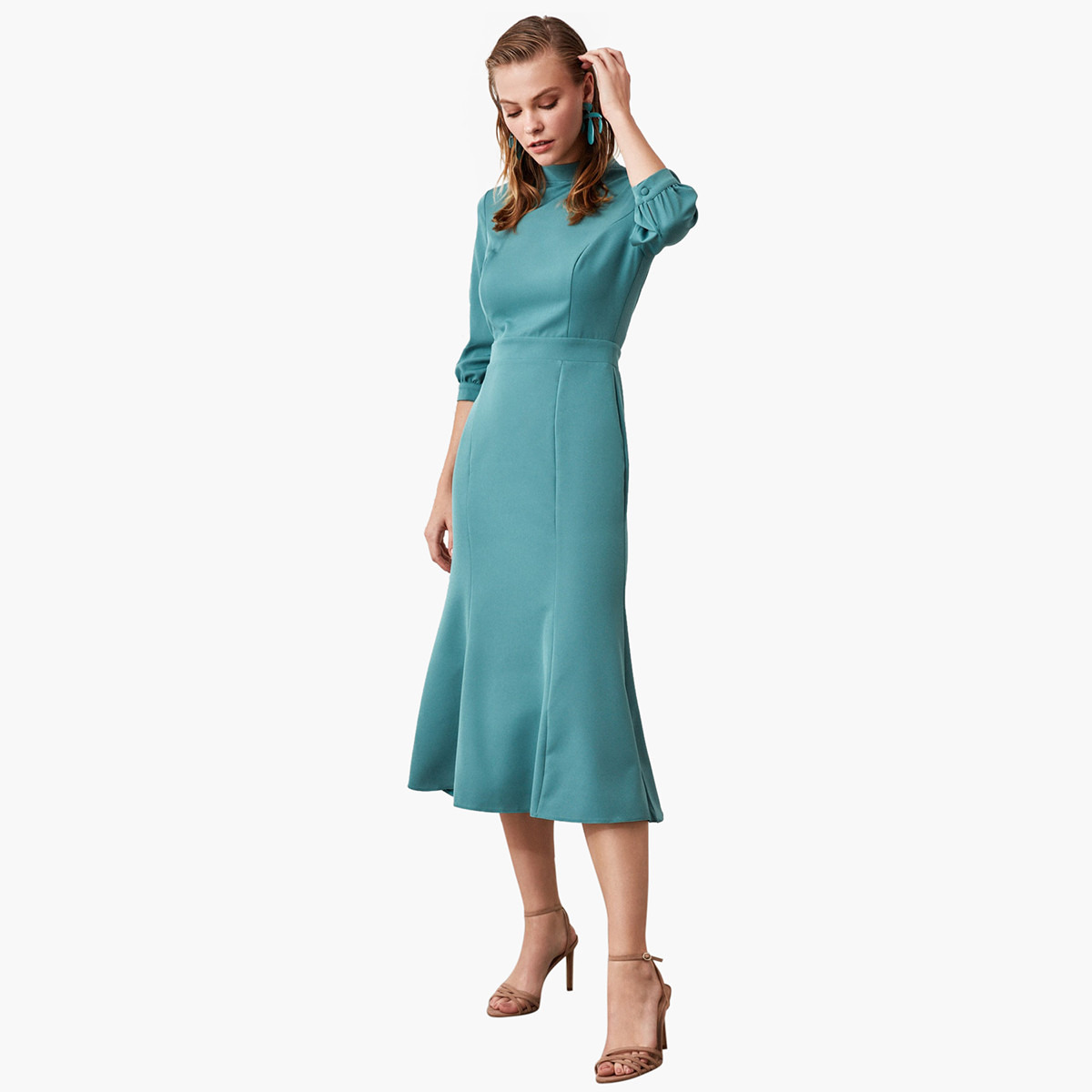 فستان سادة ميدي بقصّة ضيّقة وأكمام 3/4 من ترينديول-women-clothing-dresses-image-1