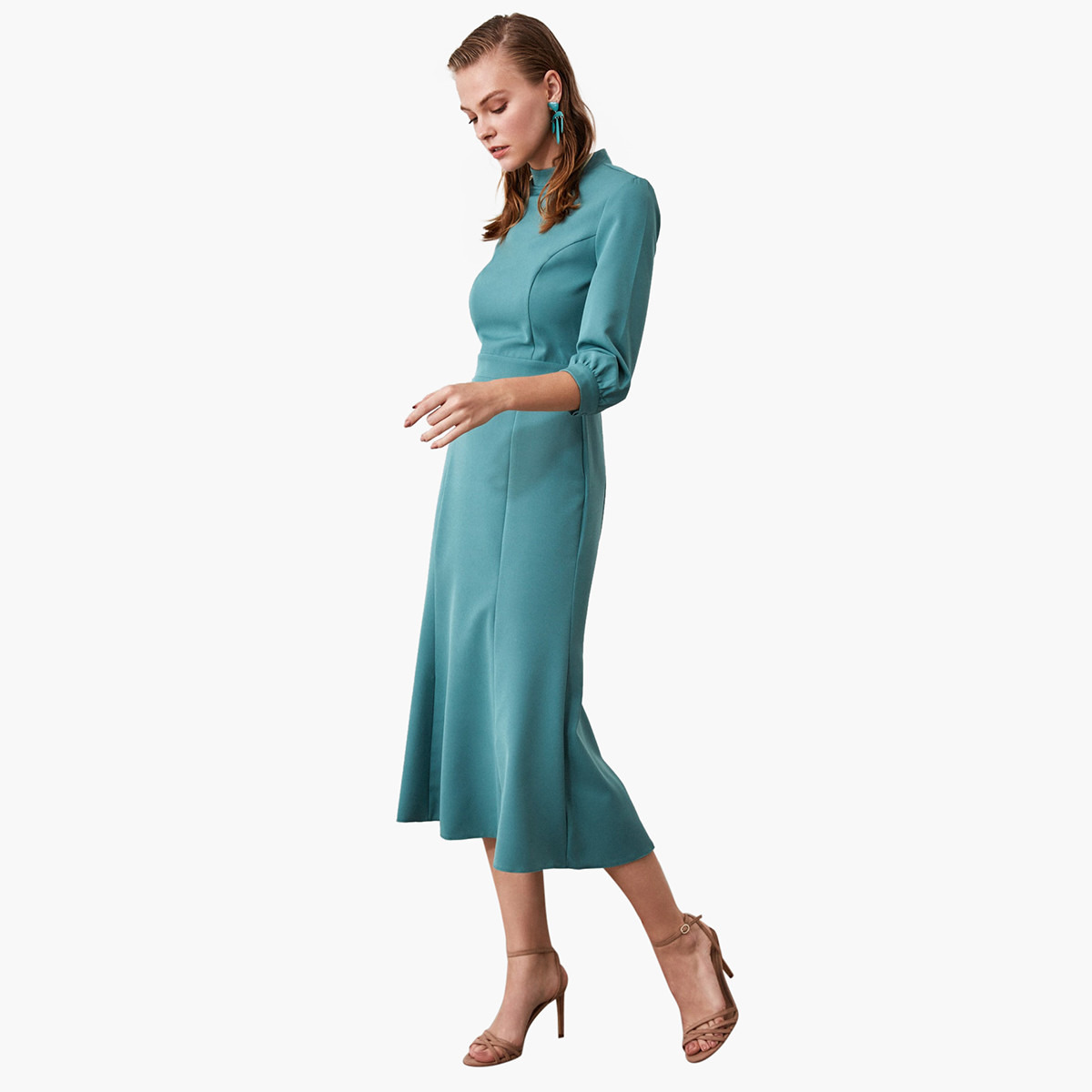 فستان سادة ميدي بقصّة ضيّقة وأكمام 3/4 من ترينديول-women-clothing-dresses-image-2