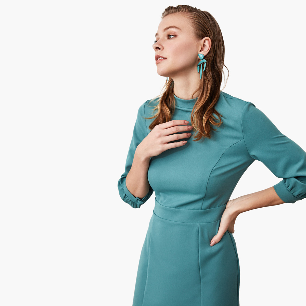فستان سادة ميدي بقصّة ضيّقة وأكمام 3/4 من ترينديول-women-clothing-dresses-image-3