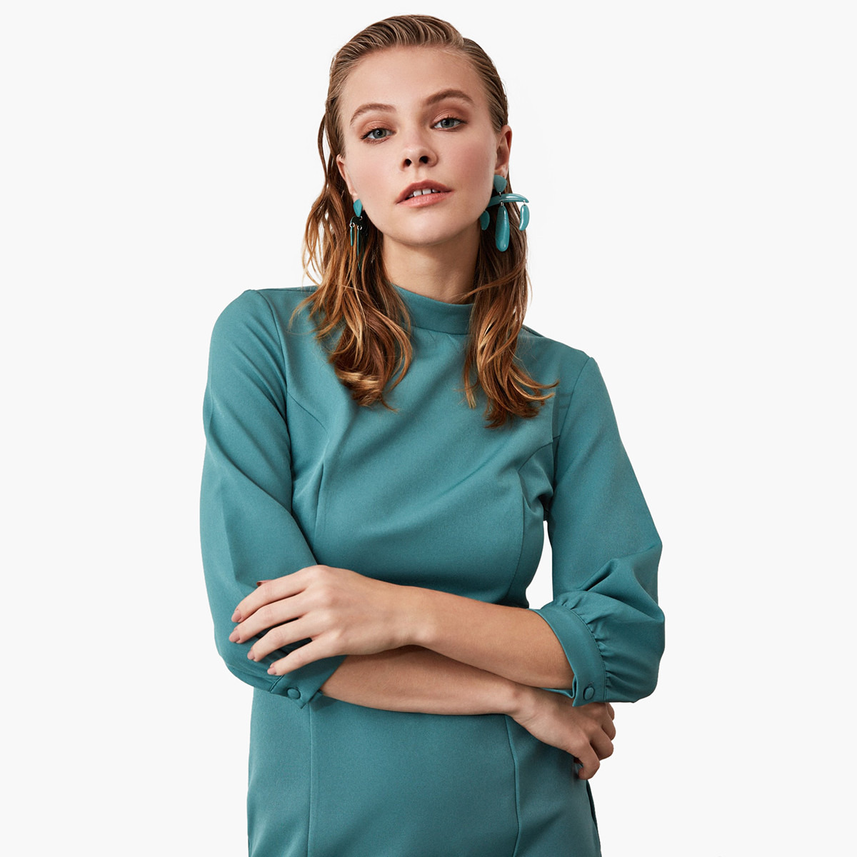 Trendyol Solid Midi Bodycon Dress with 3/4 Sleeves-women-clothing-dresses-image-4