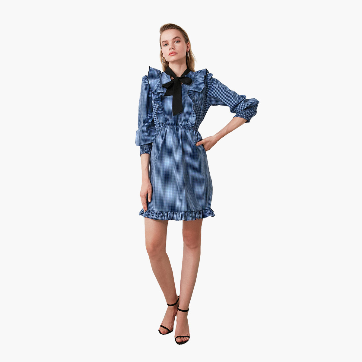 فستان كاروهات واسع قصير بأكمام طويلة وربطة عنق من ترينديول-women-clothing-dresses-image-2