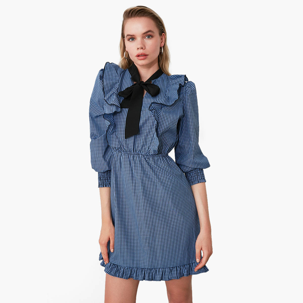 Trendyol Checked Mini Shift Dress with Long Sleeves and Necktie-women-clothing-dresses-image-4