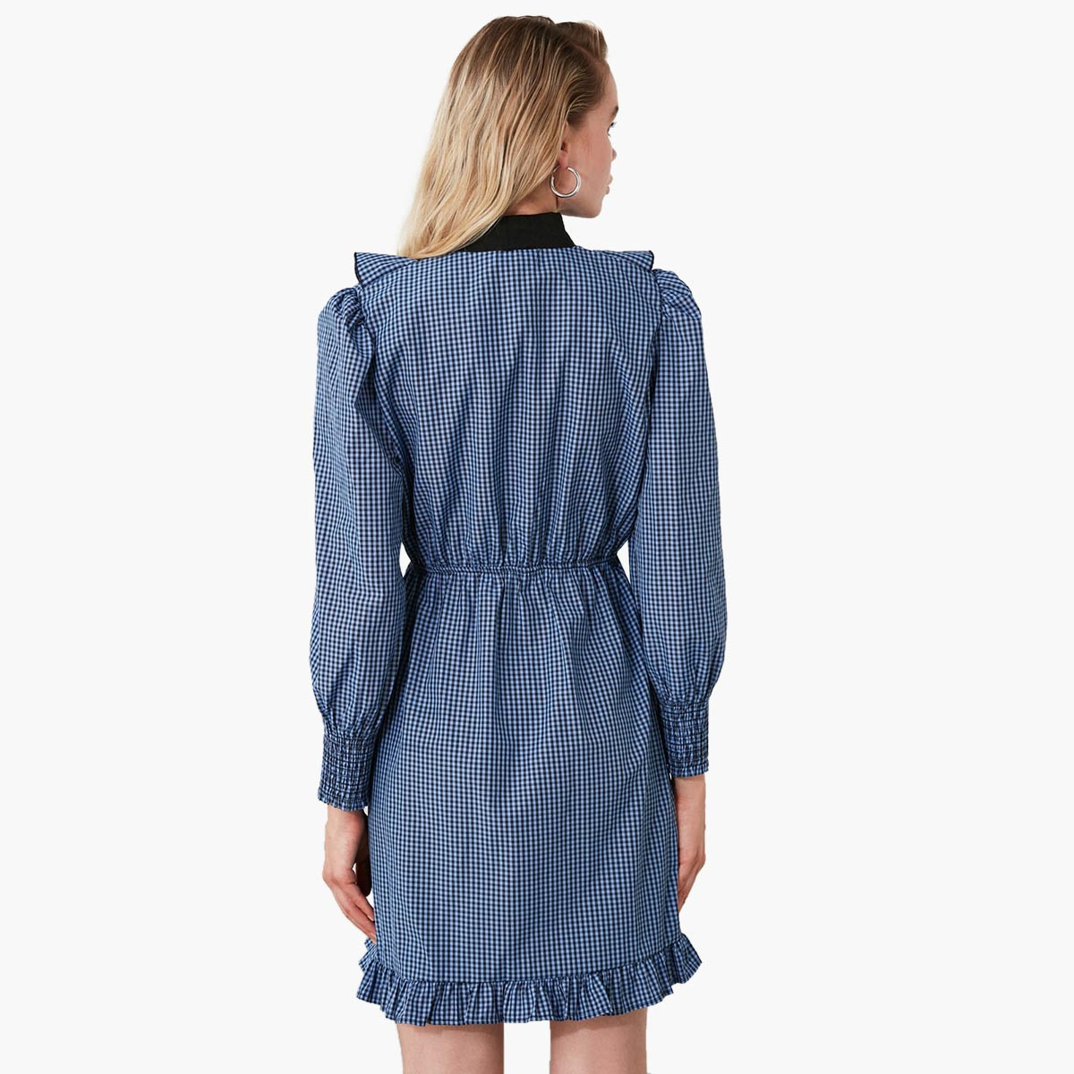 Trendyol Checked Mini Shift Dress with Long Sleeves and Necktie-women-clothing-dresses-image-5