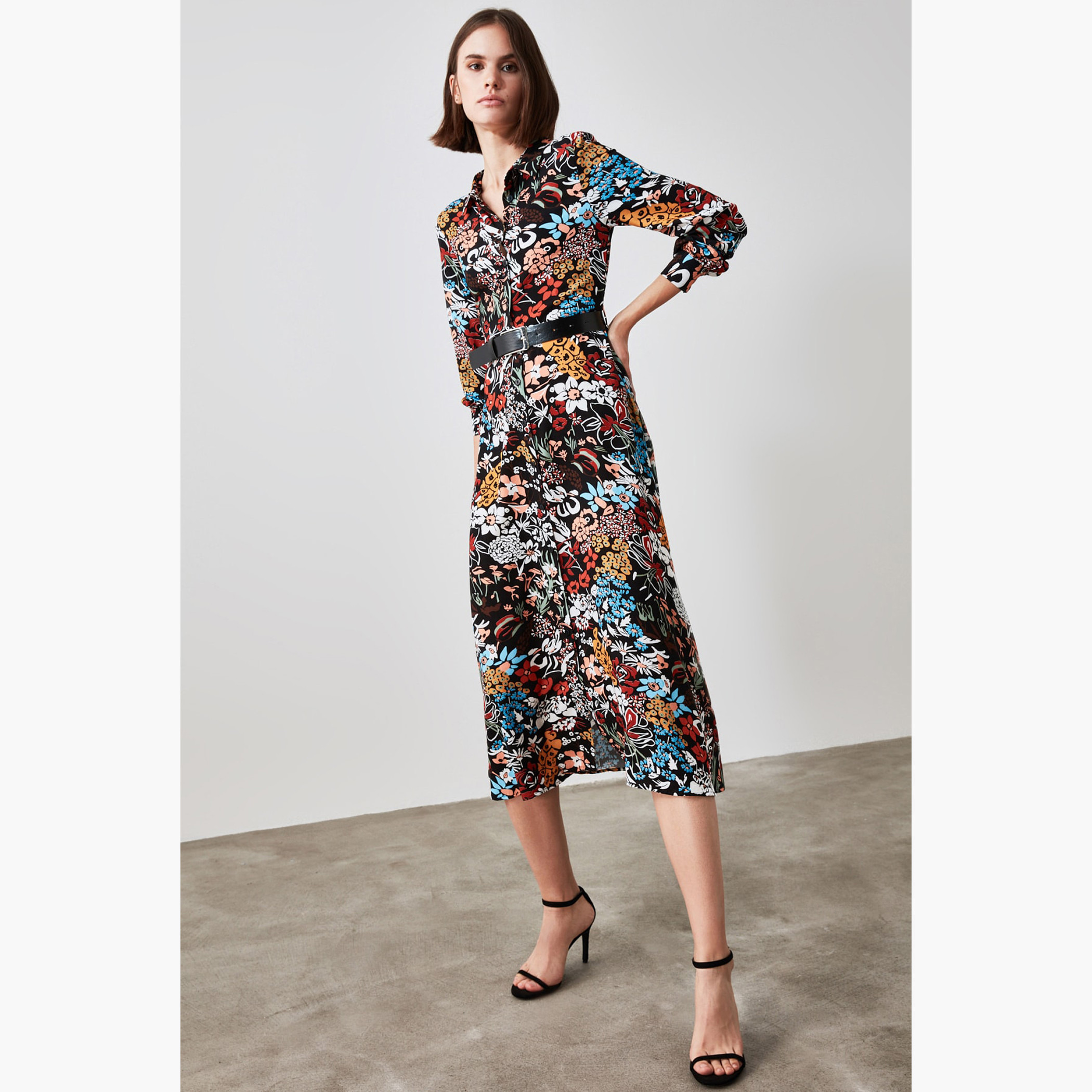Trendyol Floral Print Midi Shirt Dress with Long Sleeves-women-clothing-dresses-image-3