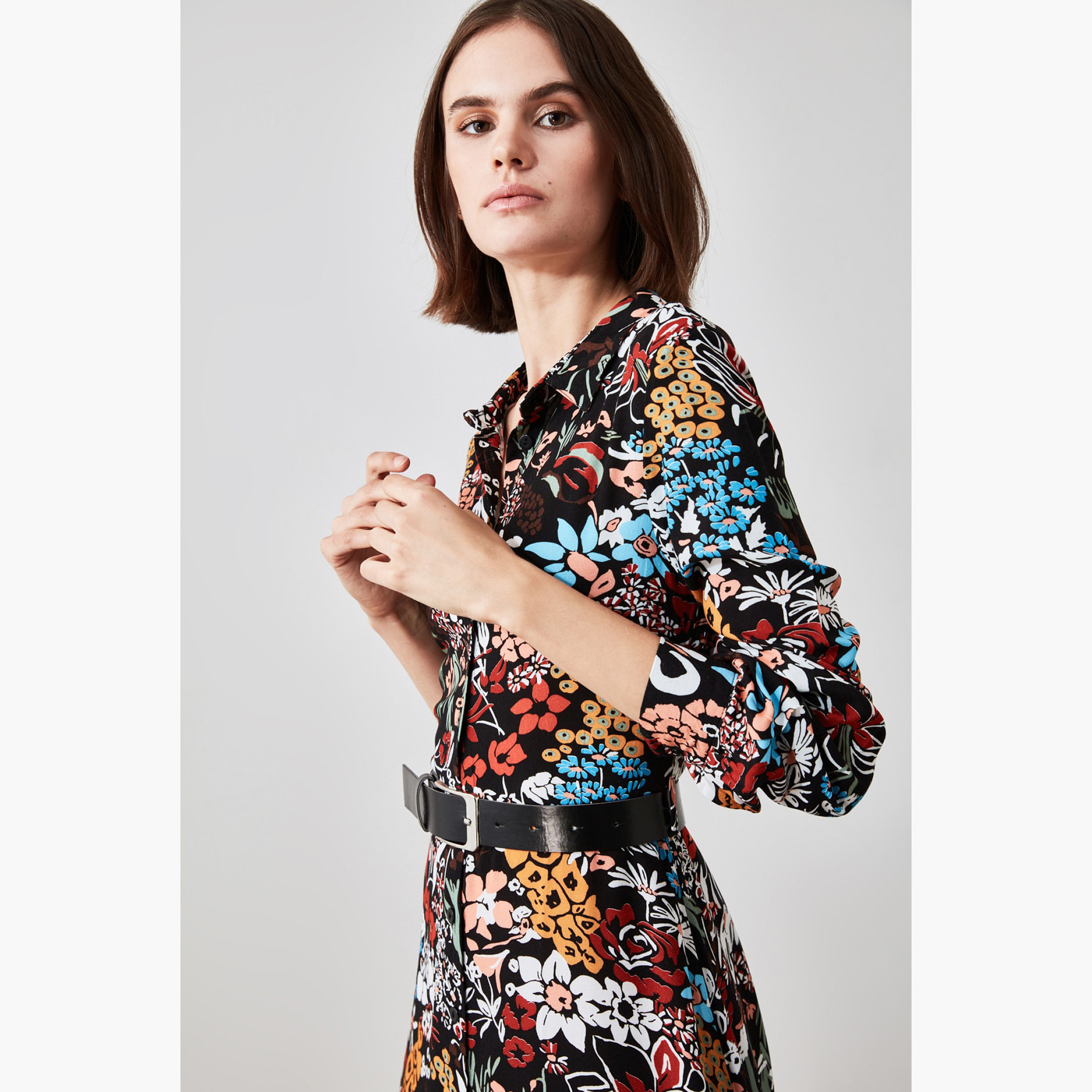 Trendyol Floral Print Midi Shirt Dress with Long Sleeves-women-clothing-dresses-image-4