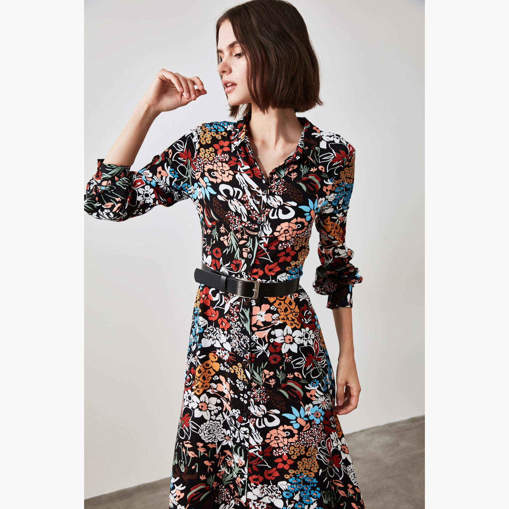 فستان قميص ميدي بأكمام طويلة وطبعات زهرية من ترينديول-women-clothing-dresses-image-5