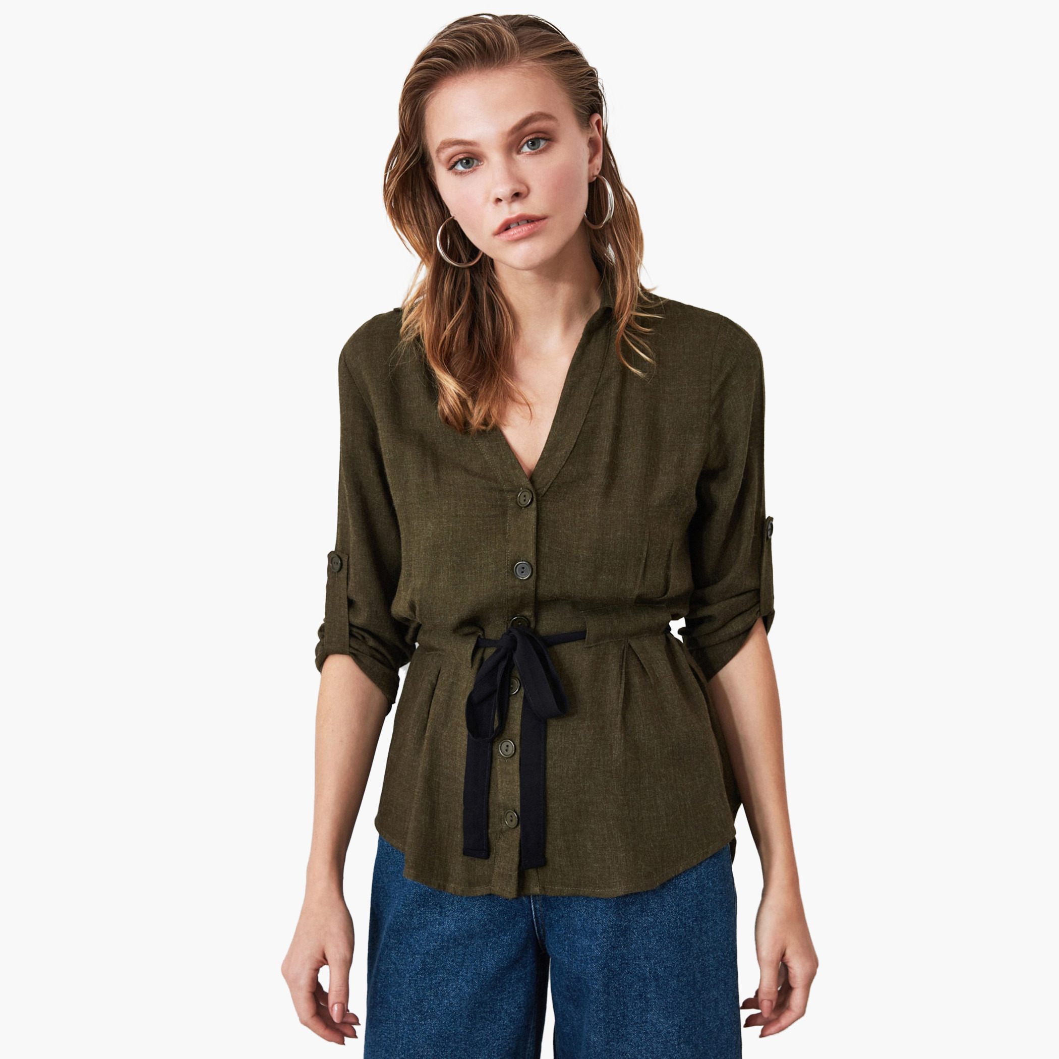 Trendyol Solid Top with Drawstring Waist and 3/4 Sleeves-women-clothing-shirtsandblouses-blouses-image-1