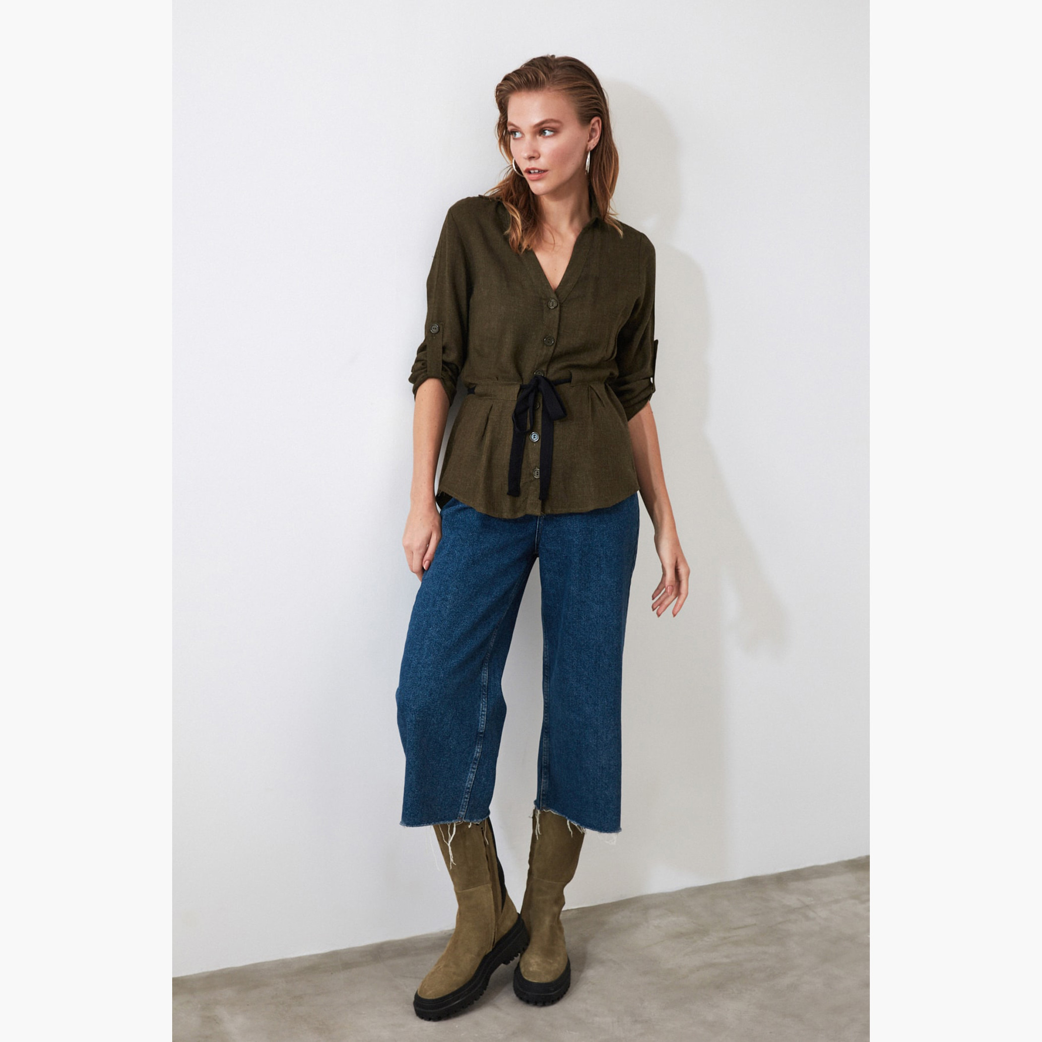 Trendyol Solid Top with Drawstring Waist and 3/4 Sleeves-women-clothing-shirtsandblouses-blouses-image-2