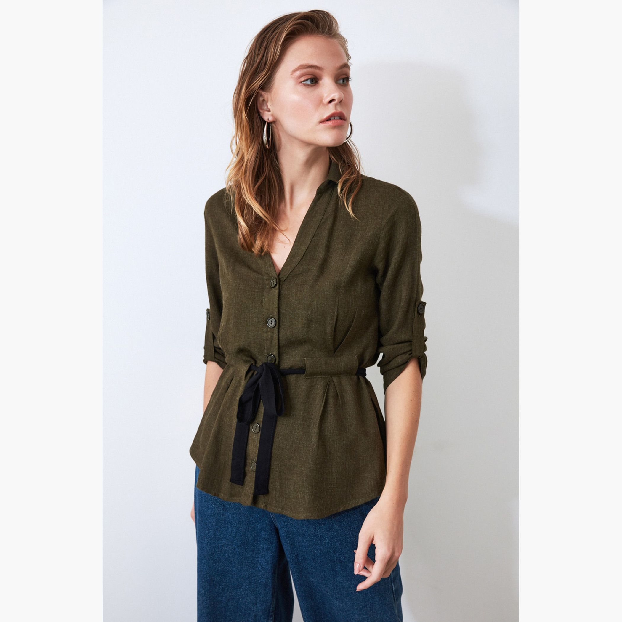 Trendyol Solid Top with Drawstring Waist and 3/4 Sleeves-women-clothing-shirtsandblouses-blouses-image-3