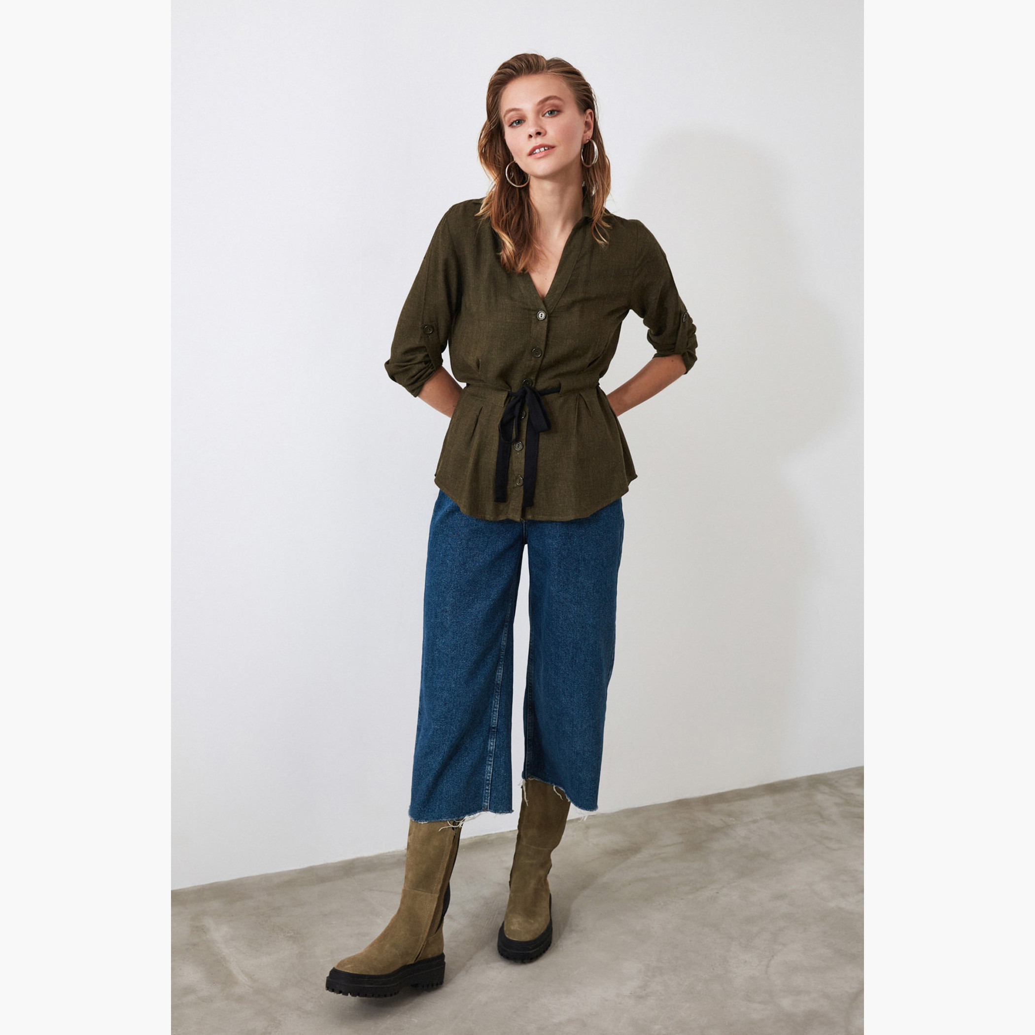 Trendyol Solid Top with Drawstring Waist and 3/4 Sleeves-women-clothing-shirtsandblouses-blouses-image-4
