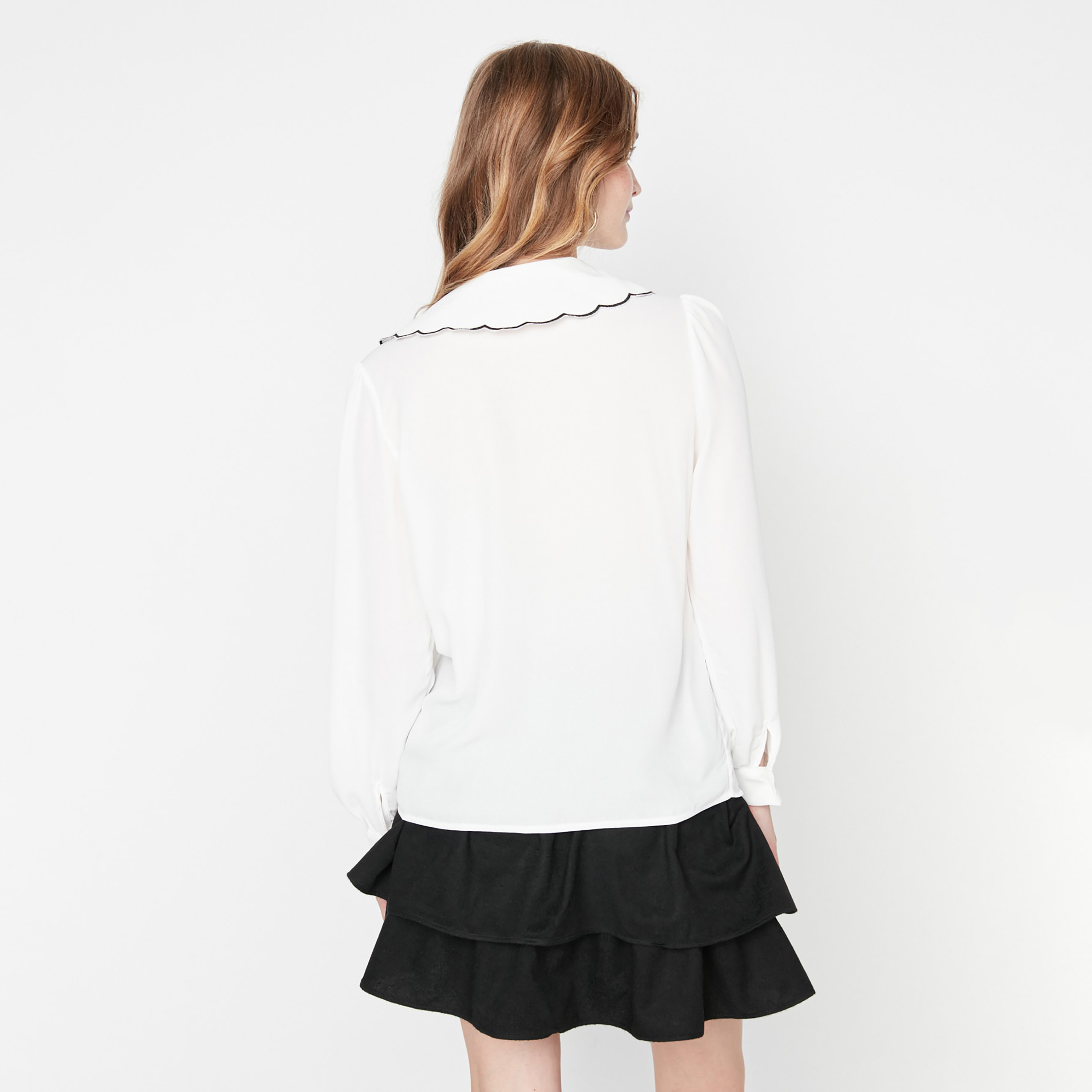 White Contrast Embroidered Peter Pan Collar Women's Shirt-women-clothing-shirtsandblouses-shirts-image-3