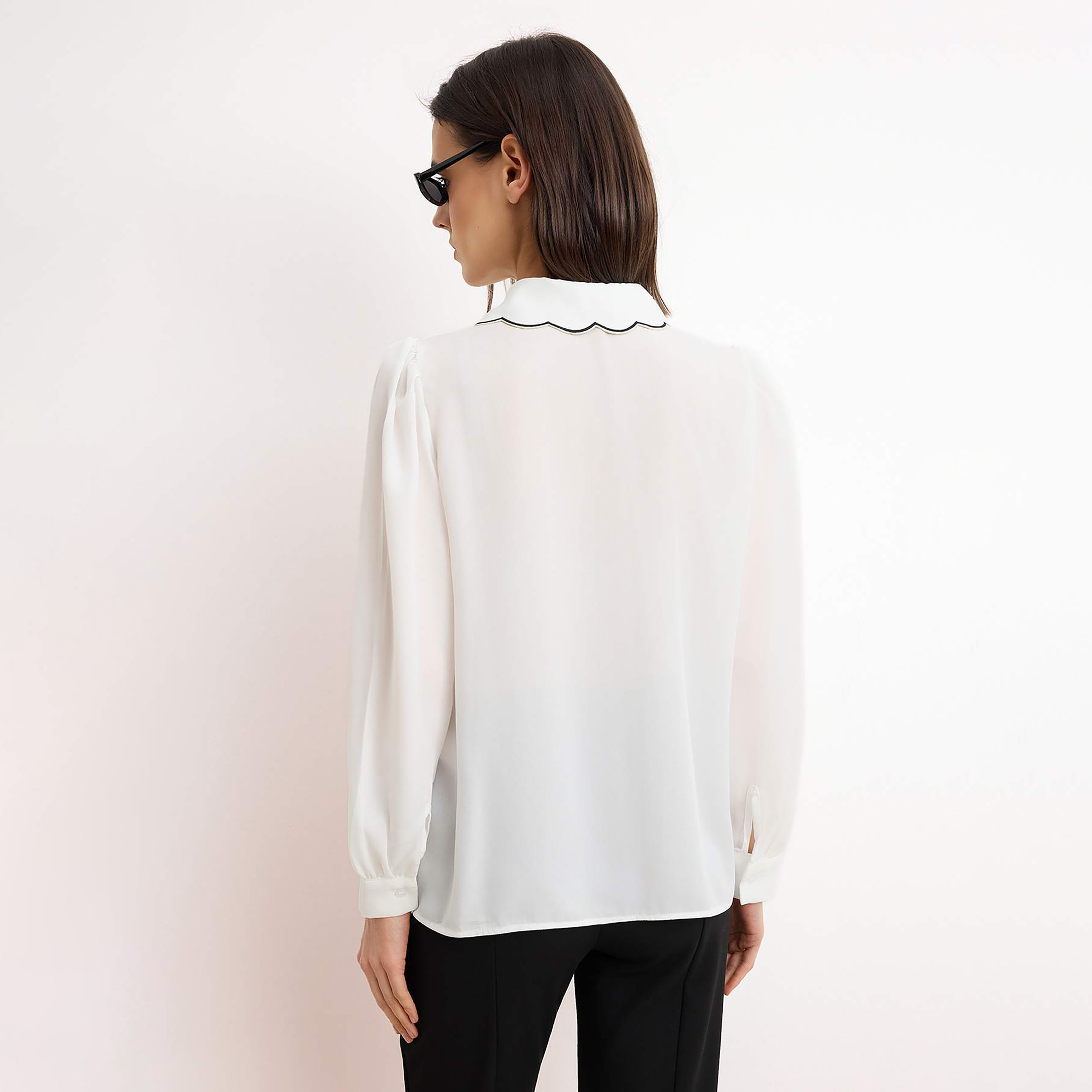 White Contrast Embroidered Peter Pan Collar Women's Shirt-women-clothing-shirtsandblouses-shirts-image-6