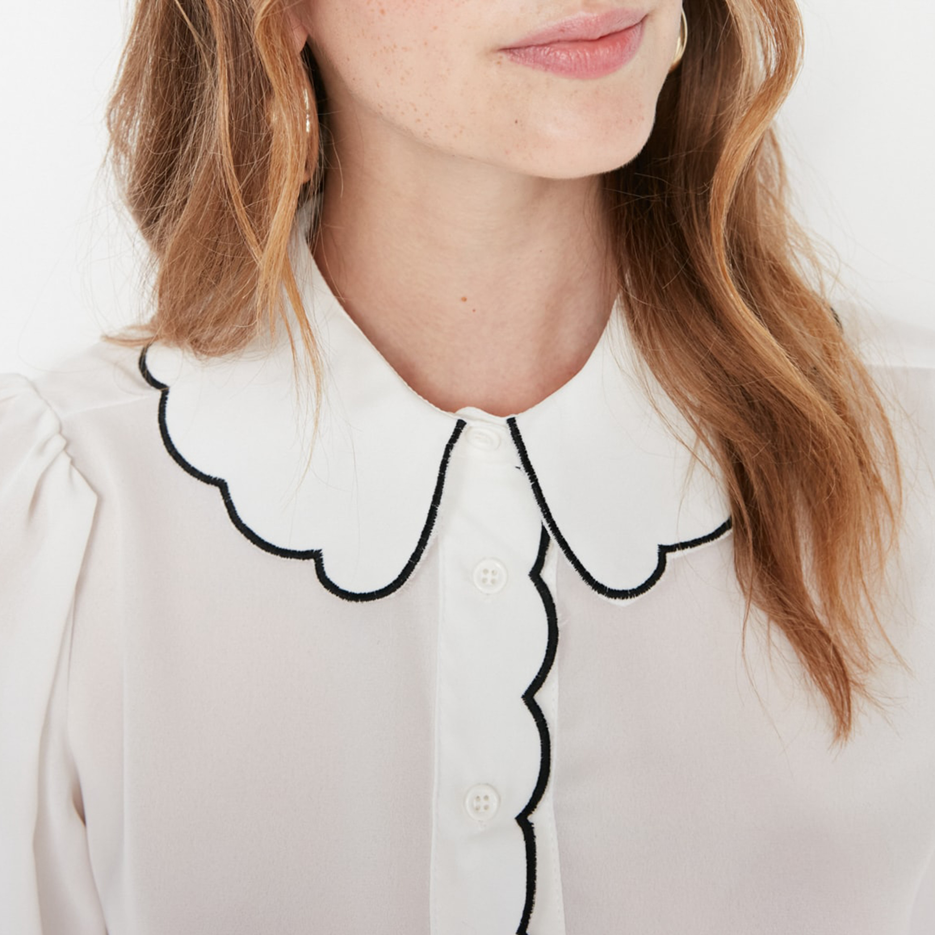White Contrast Embroidered Peter Pan Collar Women's Shirt-women-clothing-shirtsandblouses-shirts-image-8