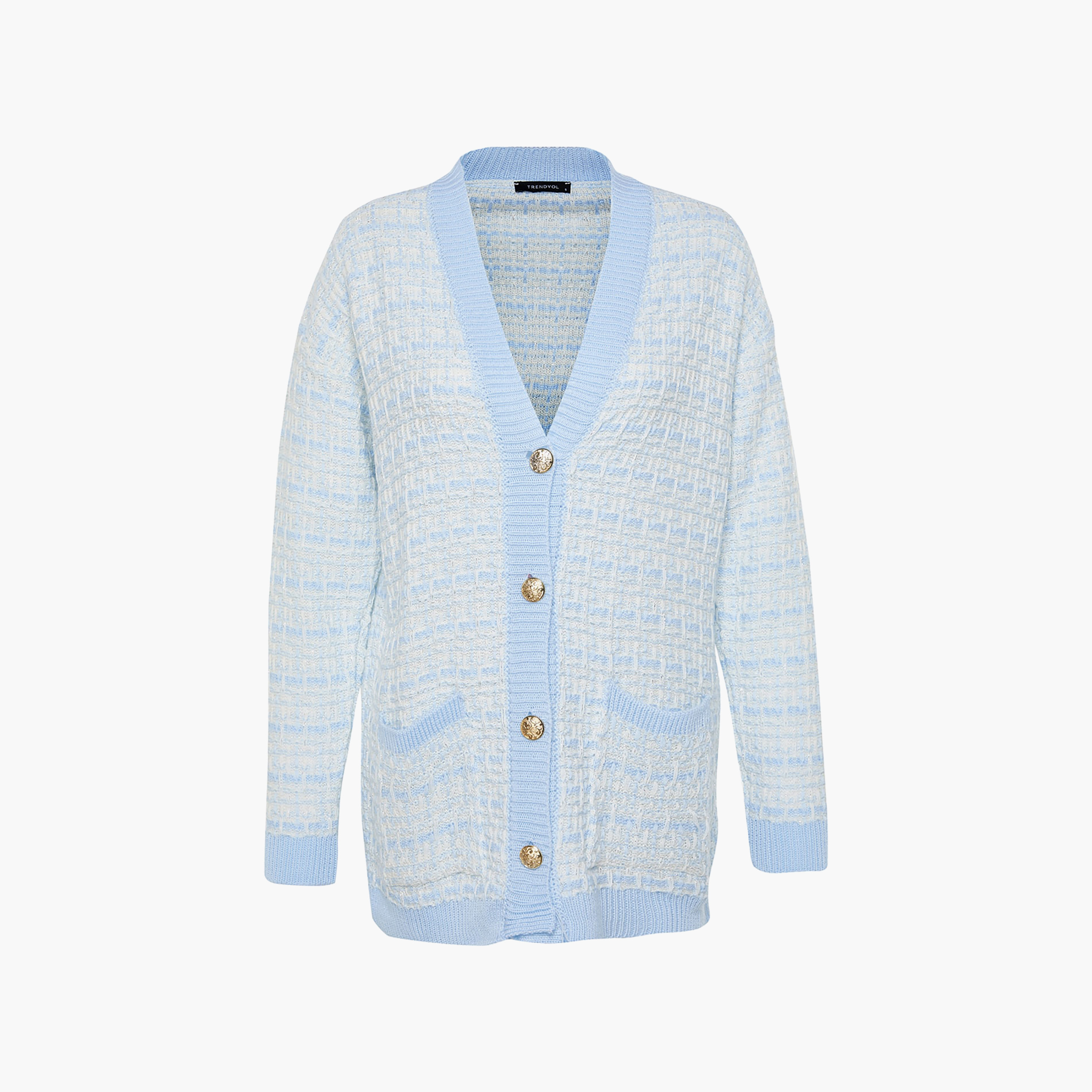 كارديجان حريمي تويد أزرق بأكمام مسدلة من تريندyol ميلا-women-winterwear-cardigansandjumpers-cardigans-image-7